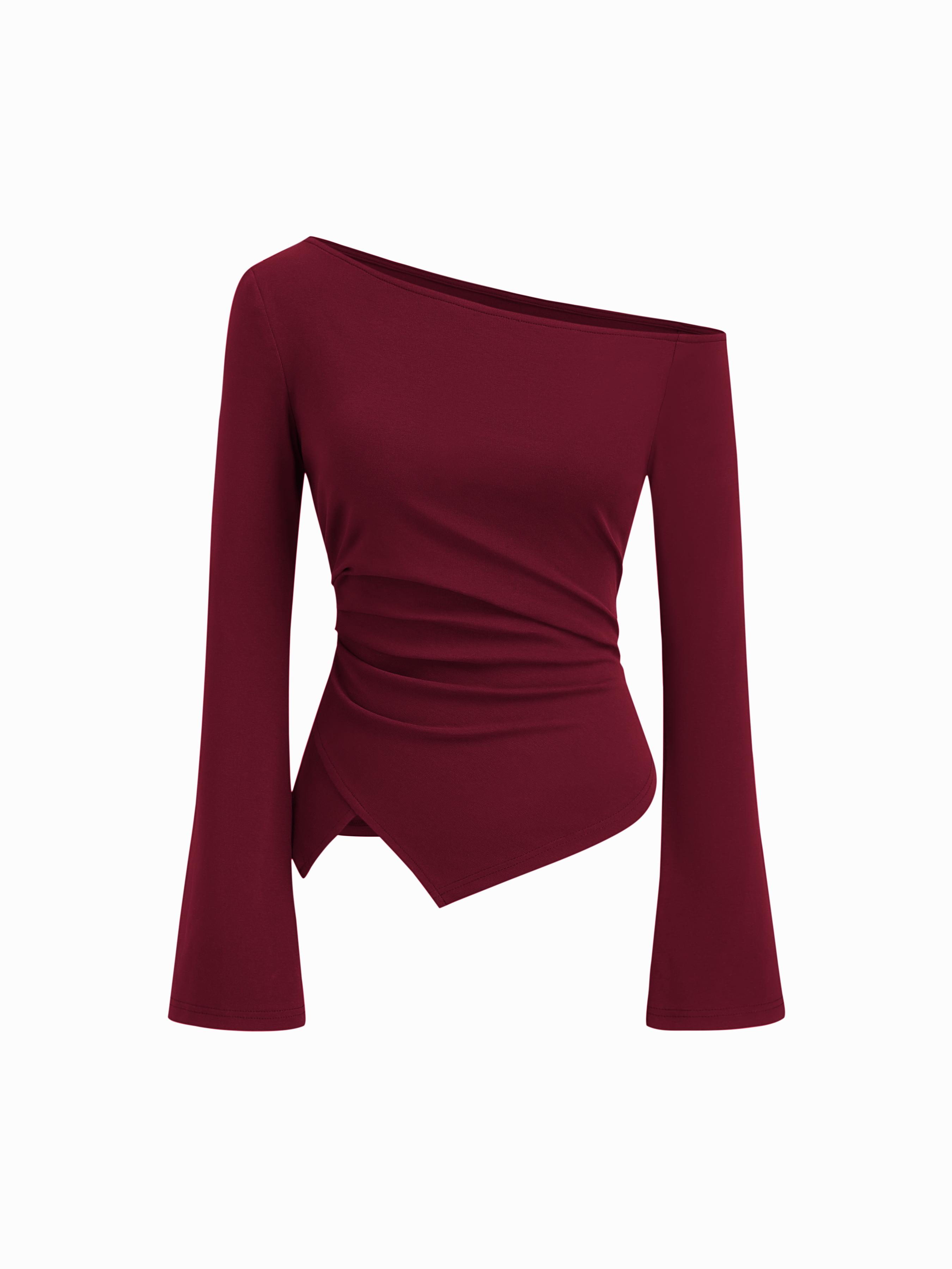 Cotton-blend Asymmetrical Neckline Bell Sleeve Ruched Top by CIDER