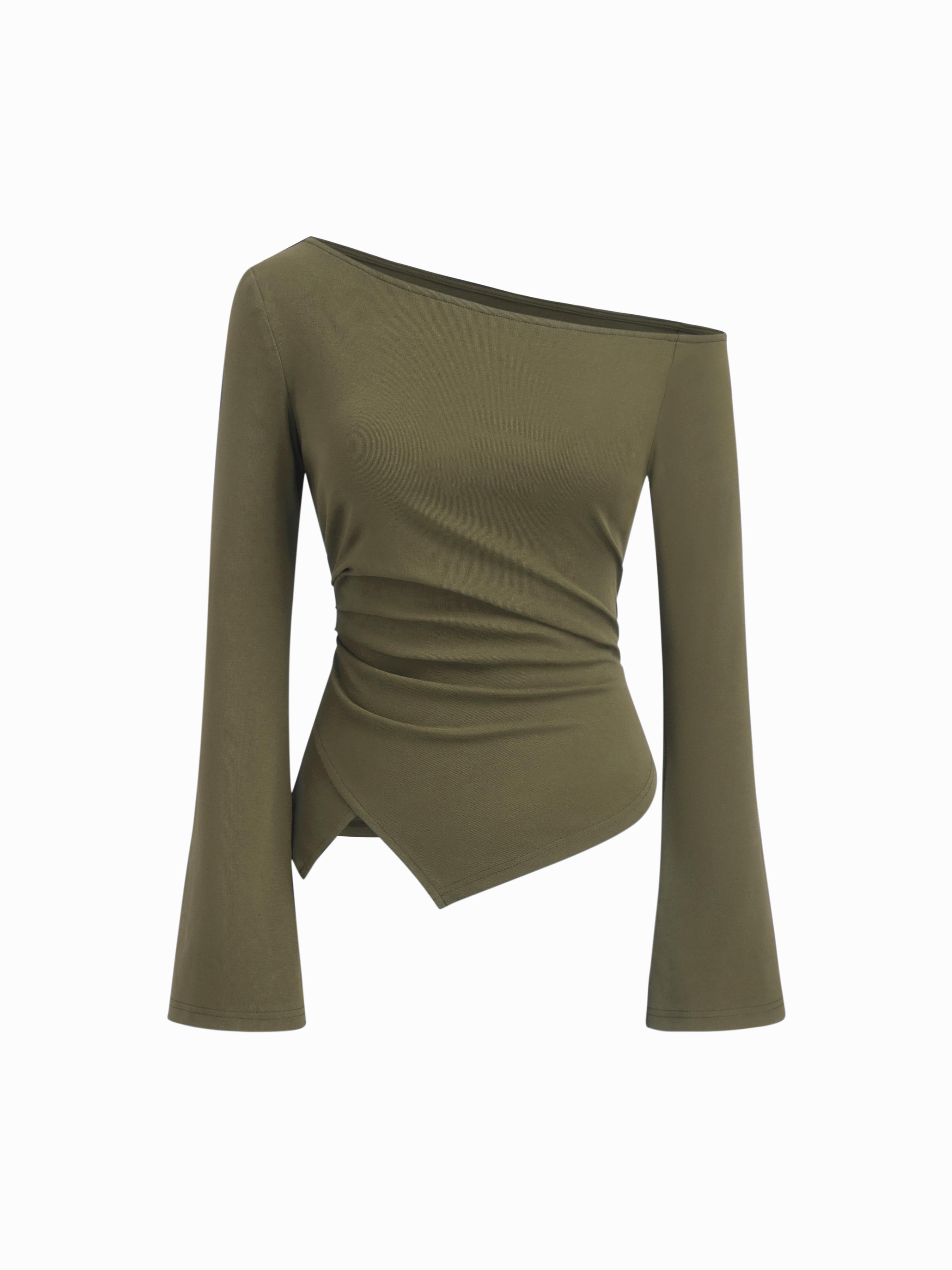 Cotton-blend Asymmetrical Neckline Bell Sleeve Ruched Top by CIDER