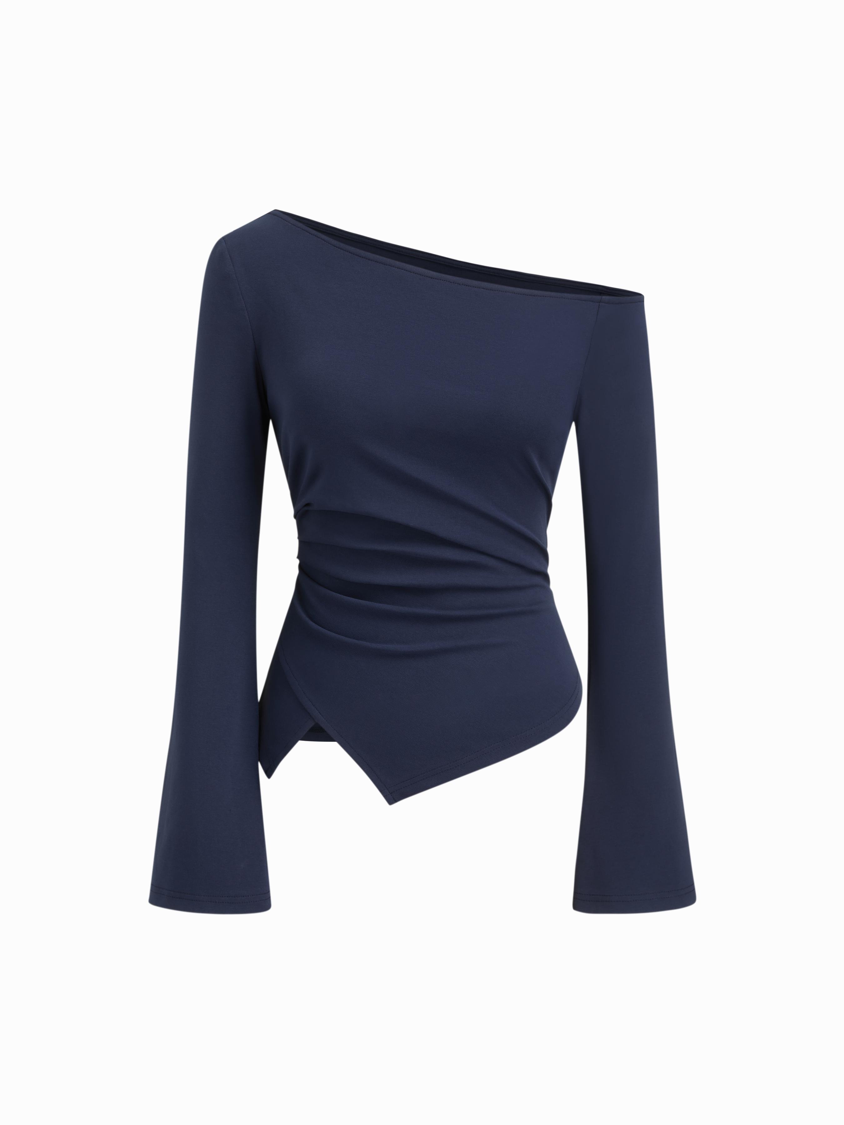 Cotton-blend Asymmetrical Neckline Bell Sleeve Ruched Top by CIDER