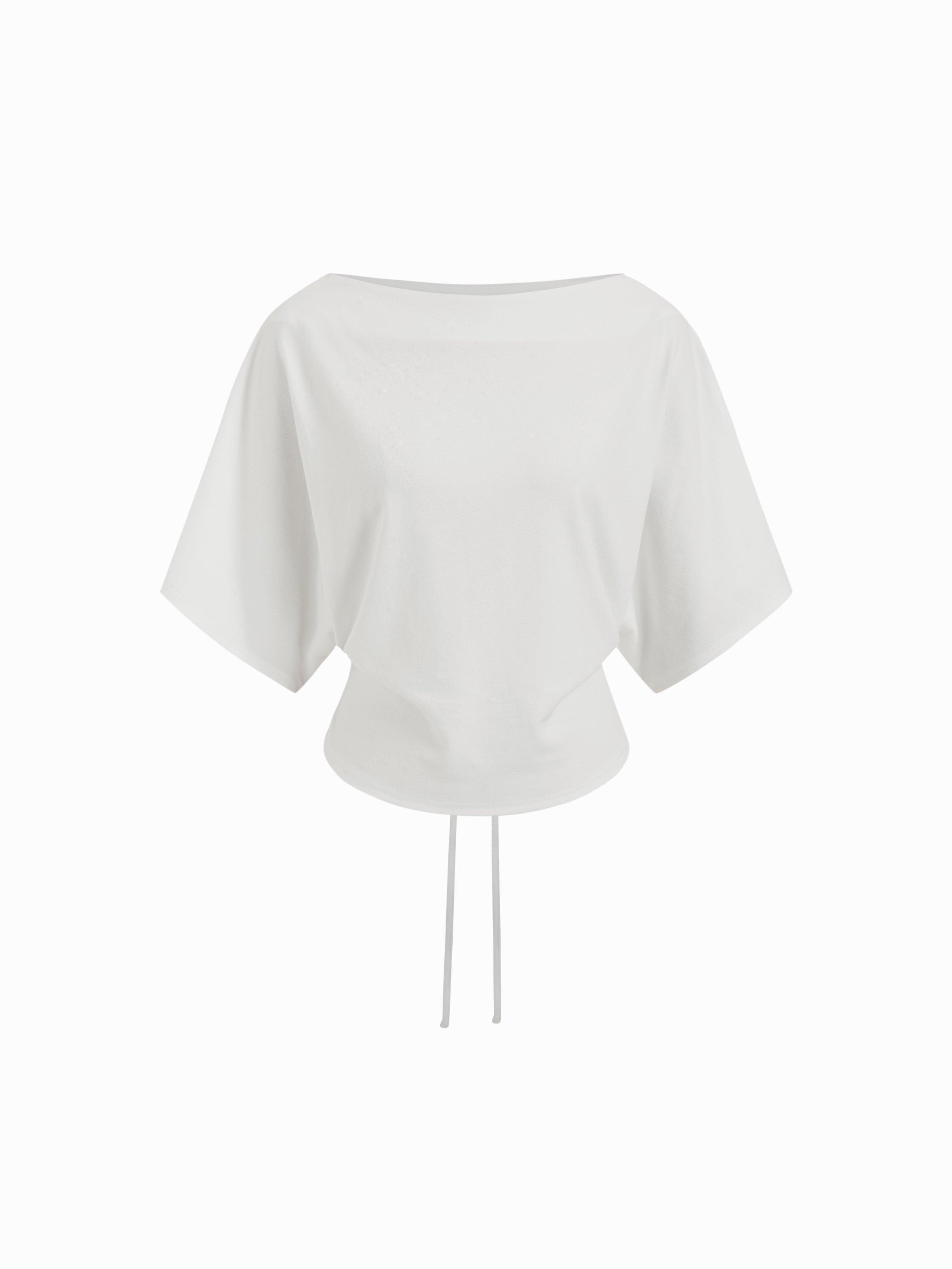 Cotton-blend Boat Neck Batwing Sleeve Drawstring Tee by CIDER