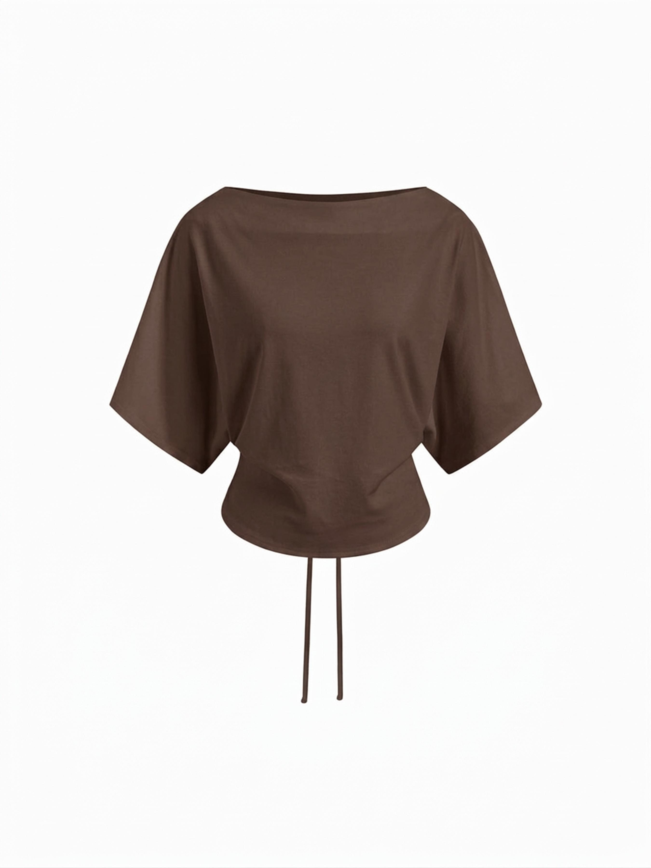 Cotton-blend Boat Neck Batwing Sleeve Drawstring Tee by CIDER