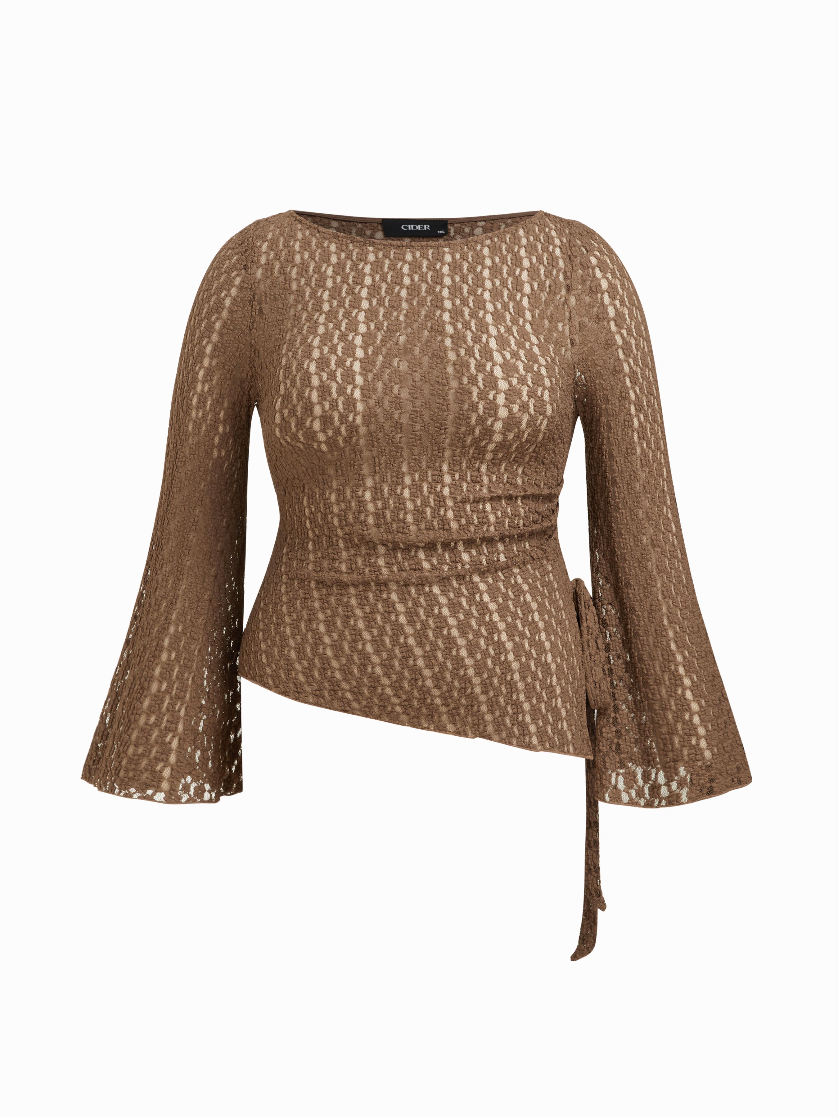 Cotton-blend Boat Neck Bell Sleeve Ruched Asymmetrical Hem Top Curve & Plus by CIDER