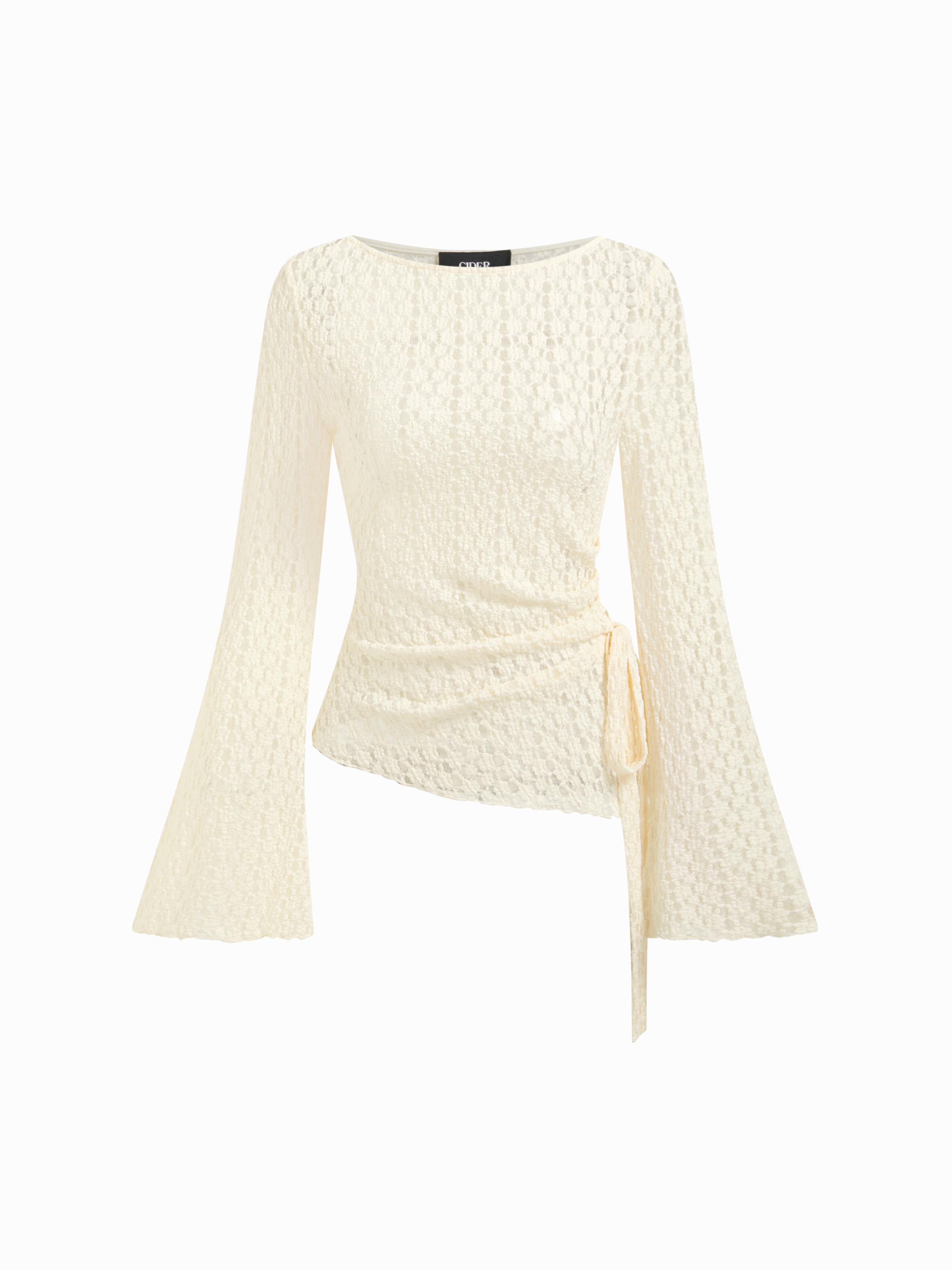 Cotton-blend Boat Neck  Bell Sleeve Ruched Asymmetrical Hem Top by CIDER