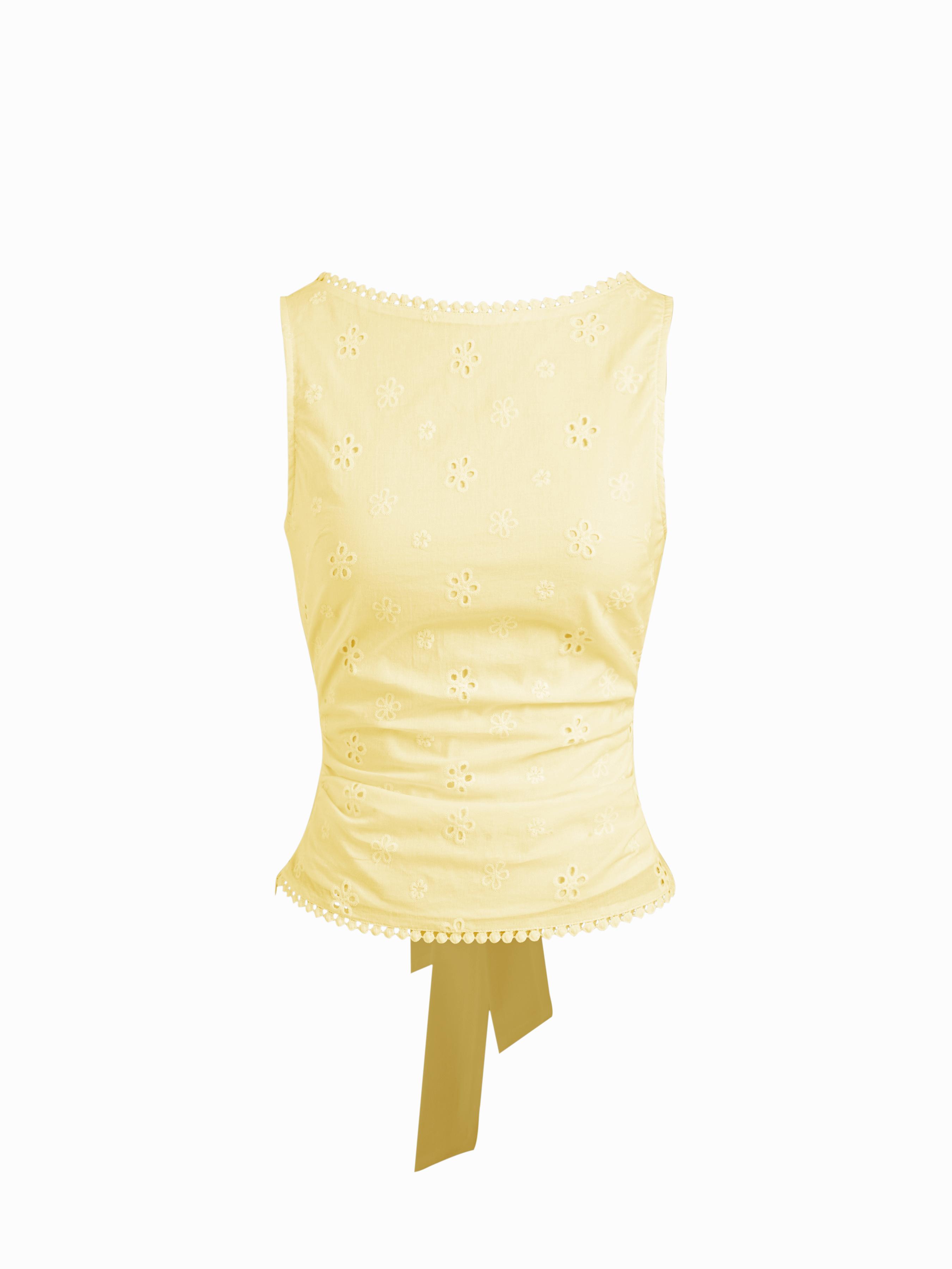 Cotton-blend Boat Neck Broderie Anglaise Tie Back Knotted Top by CIDER