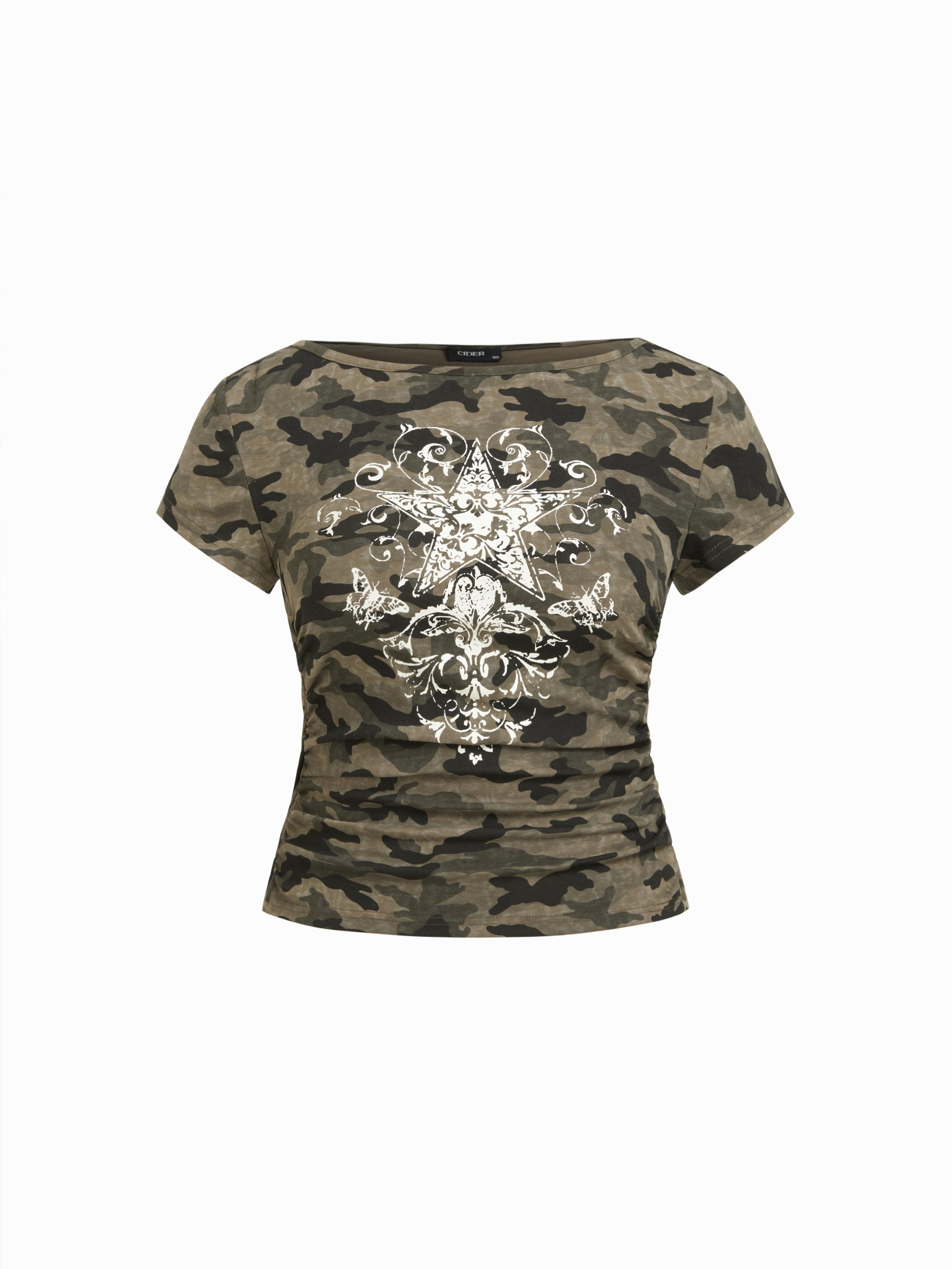 Cotton-blend Boat Neck Camo Star Ruched Crop Tee Curve & Plus by CIDER