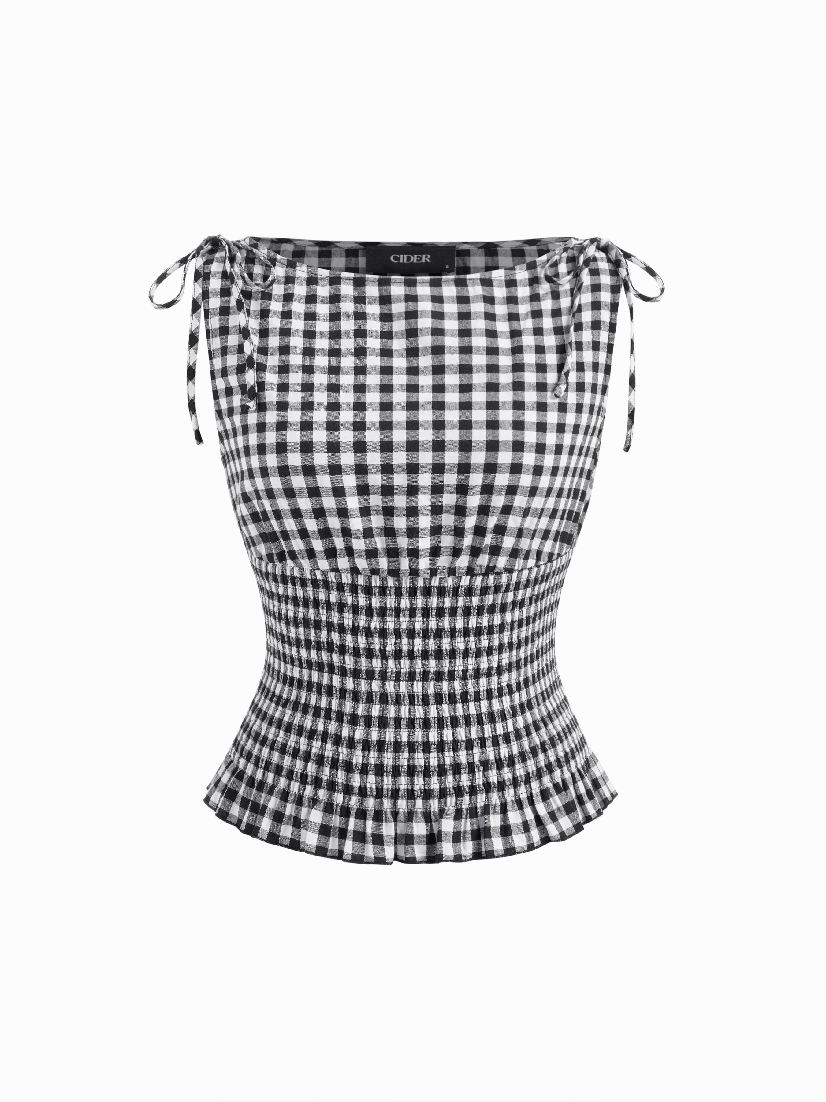 Cotton-blend Boat Neck Gingham Shirred Lettuce Trim Knotted Tank Top by CIDER