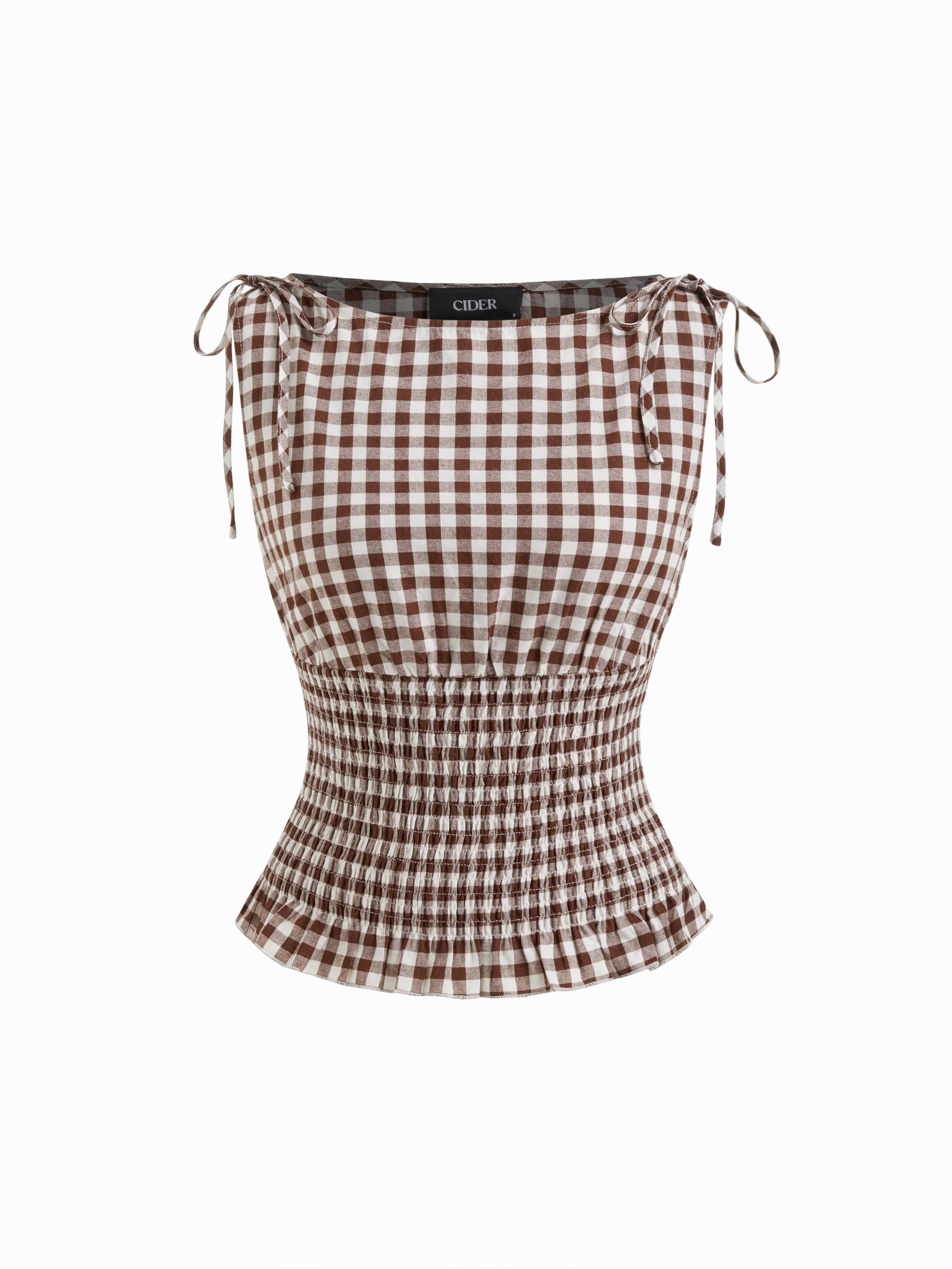Cotton-blend Boat Neck Gingham Shirred Lettuce Trim Knotted Tank Top by CIDER