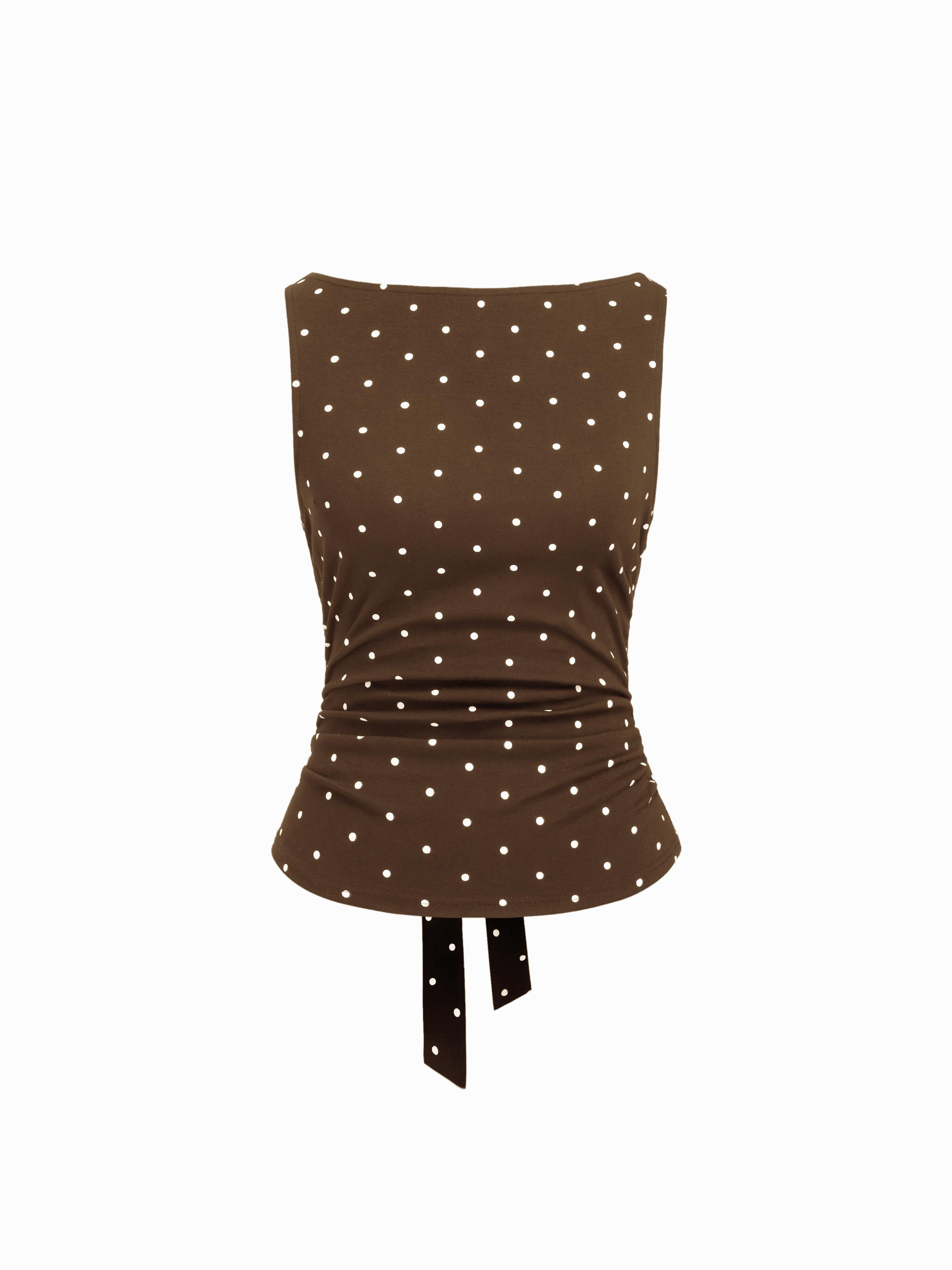 Cotton-blend Boat Neck Knotted Polka Dot Ruched Tank Top by CIDER