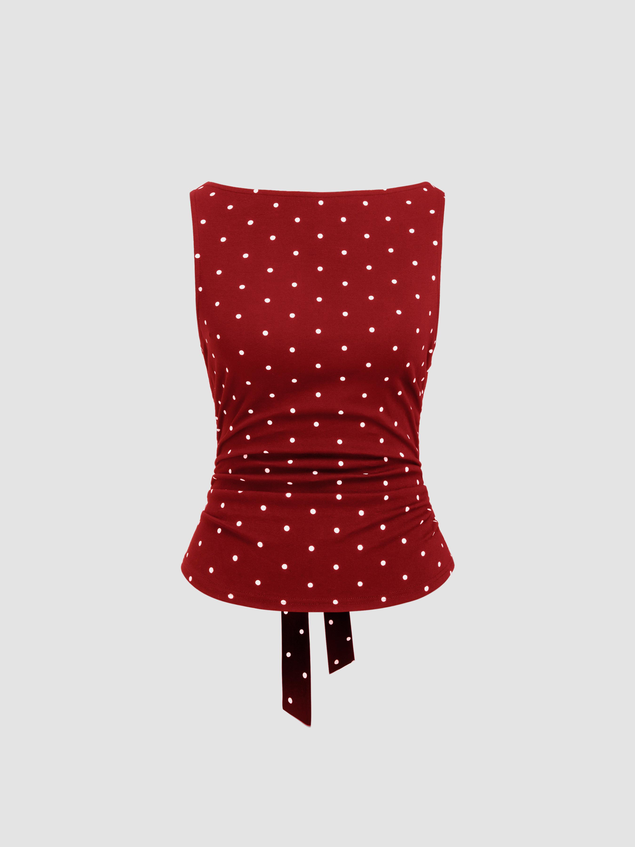 Cotton-blend Boat Neck Knotted Polka Dot Ruched Tank Top by CIDER