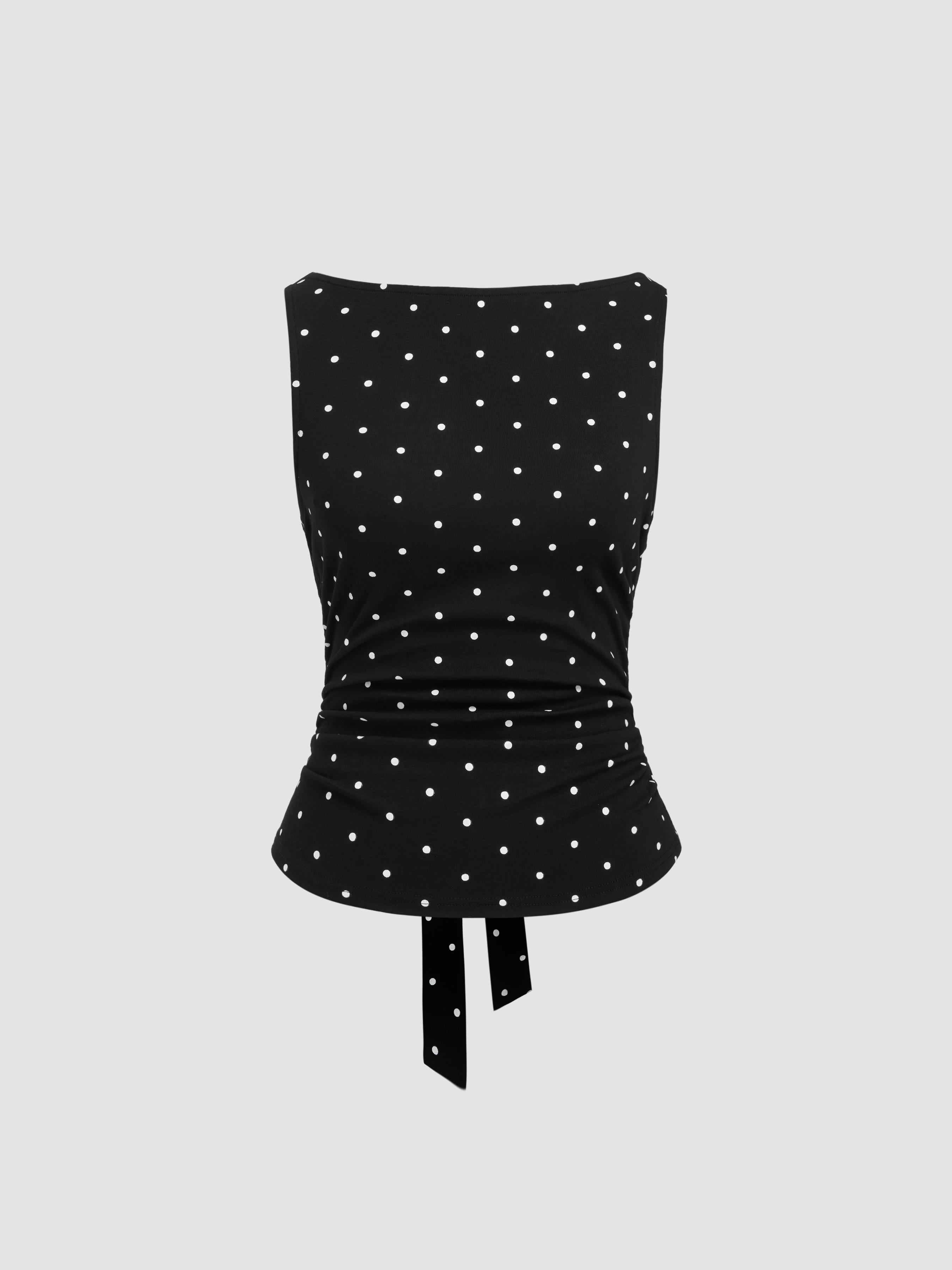 Cotton-blend Boat Neck Knotted Polka Dot Ruched Tank Top by CIDER