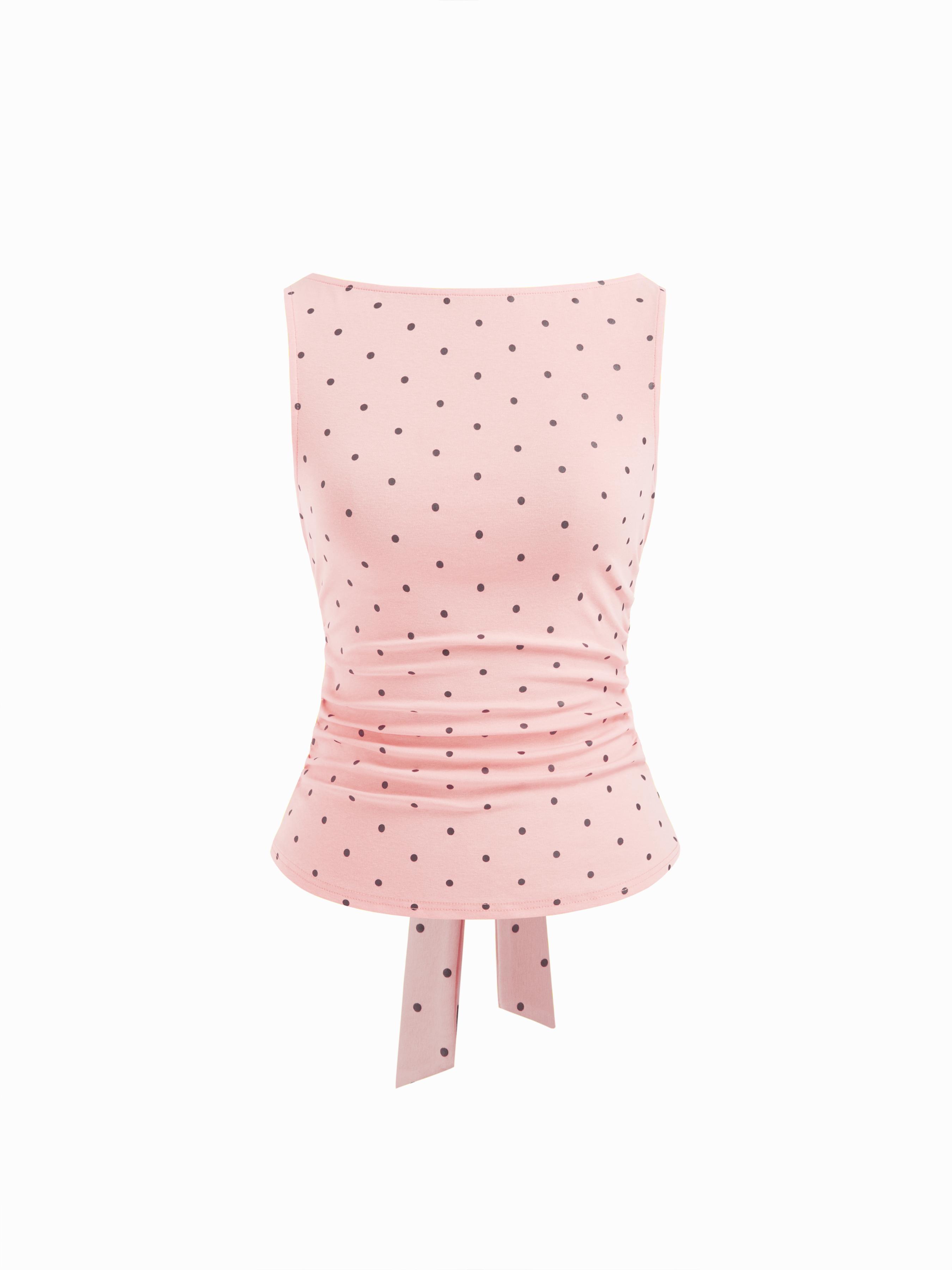 Cotton-blend Boat Neck Knotted Polka Dot Ruched Tank Top by CIDER