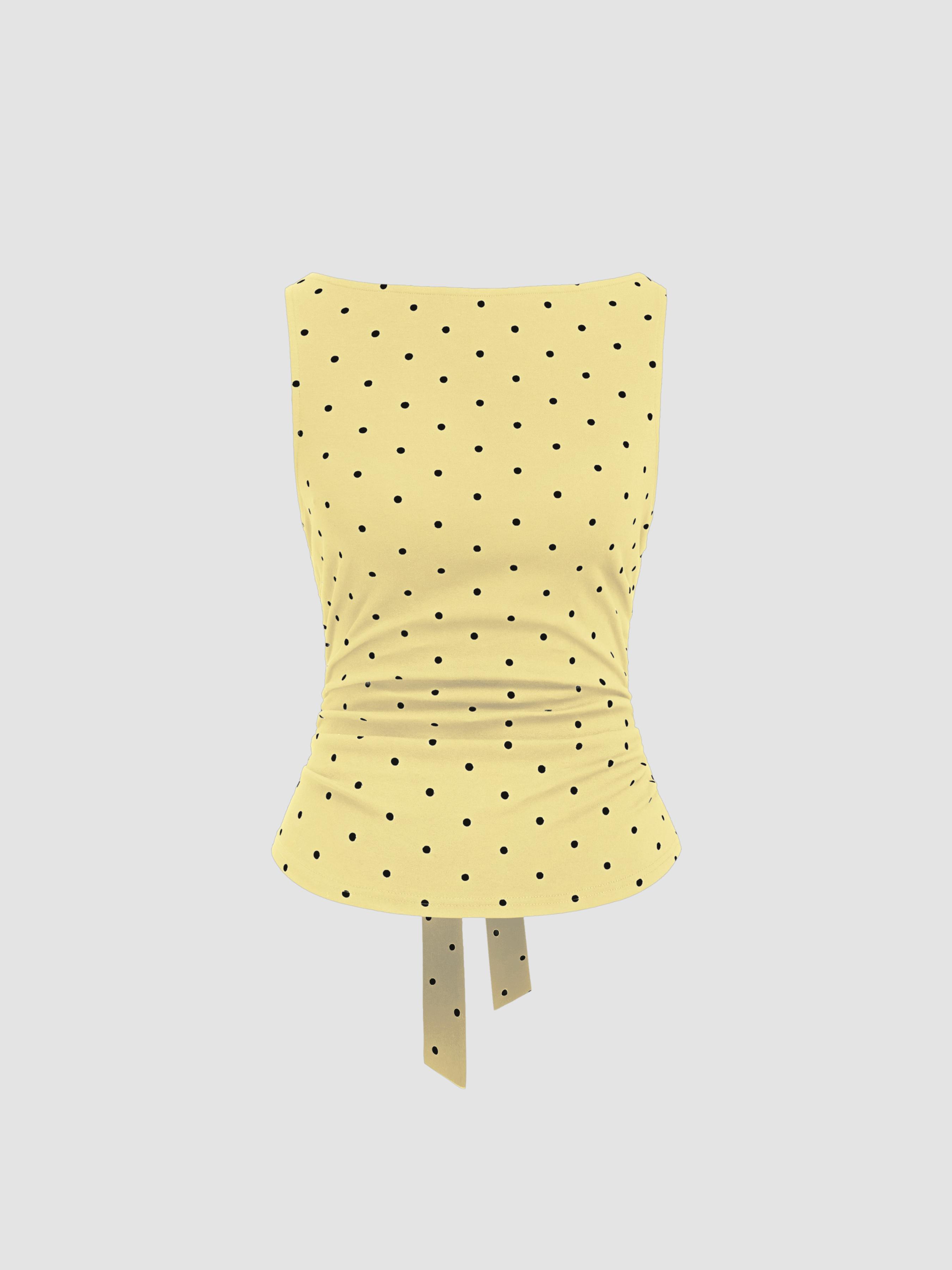 Cotton-blend Boat Neck Knotted Polka Dot Ruched Tank Top by CIDER