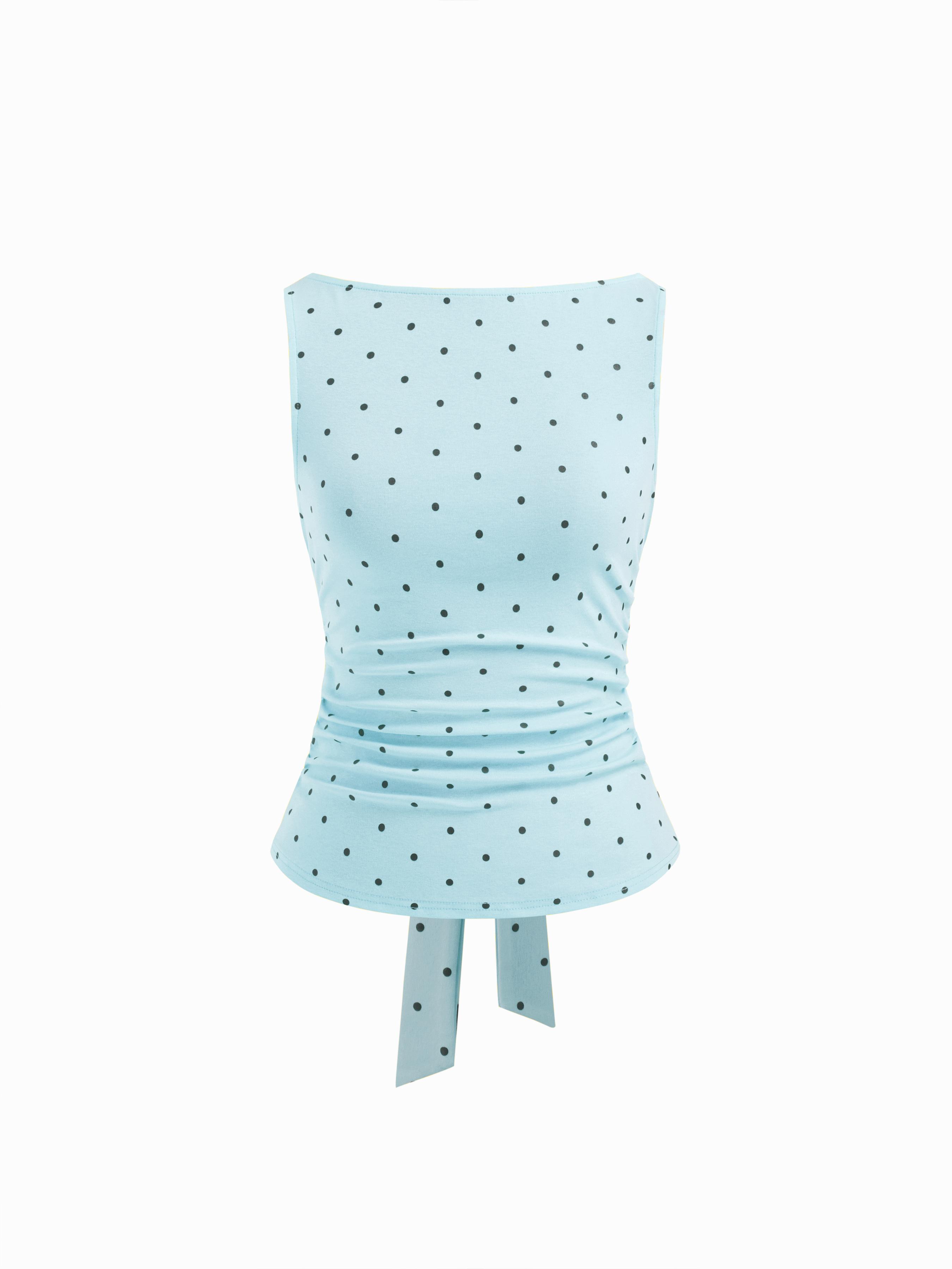 Cotton-blend Boat Neck Knotted Polka Dot Ruched Tank Top by CIDER