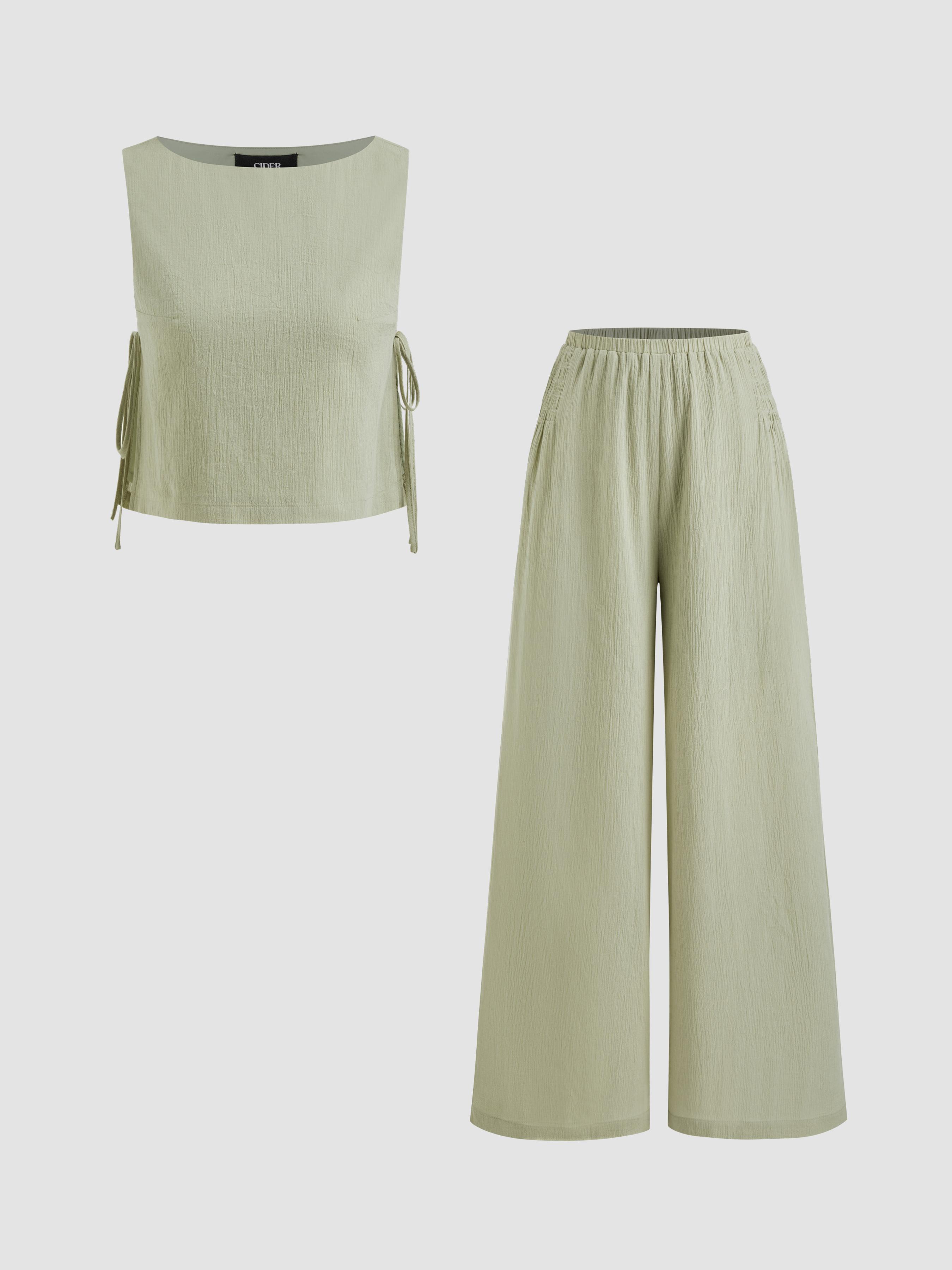 Cotton-blend Boat Neck Knotted Top With Shirred Straight Leg Trousers Set by CIDER