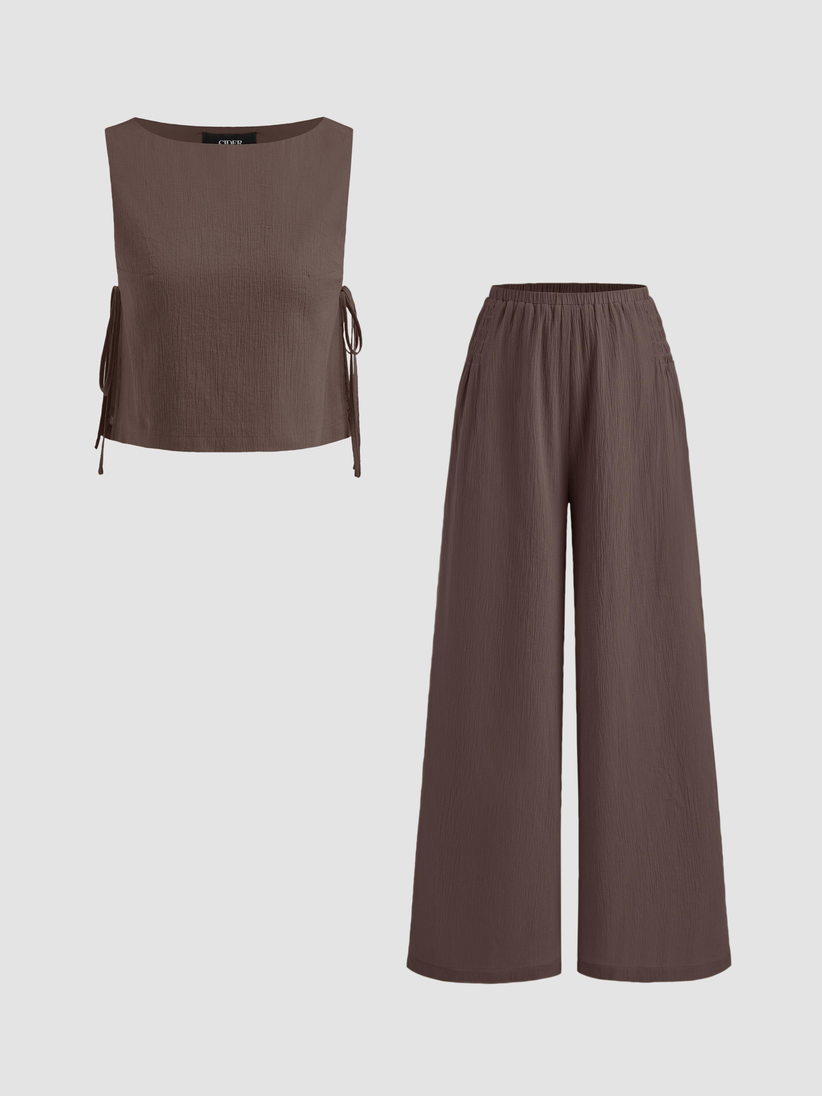 Cotton-blend Boat Neck Knotted Top With Shirred Straight Leg Trousers Set by CIDER