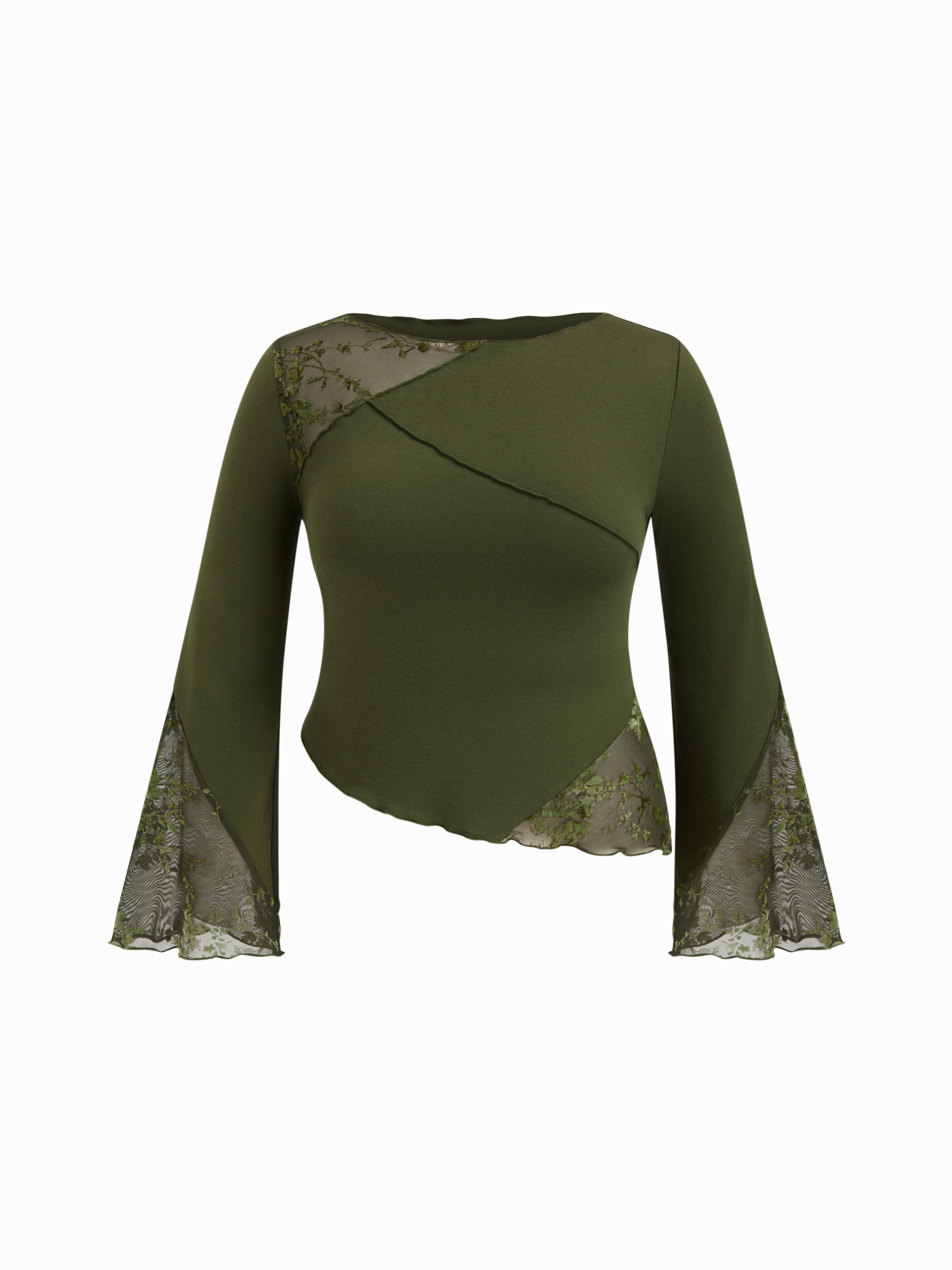 Cotton-blend Boat Neck Lace Patched Asymmetrical Hem Bell Sleeve Top Curve & Plus by CIDER