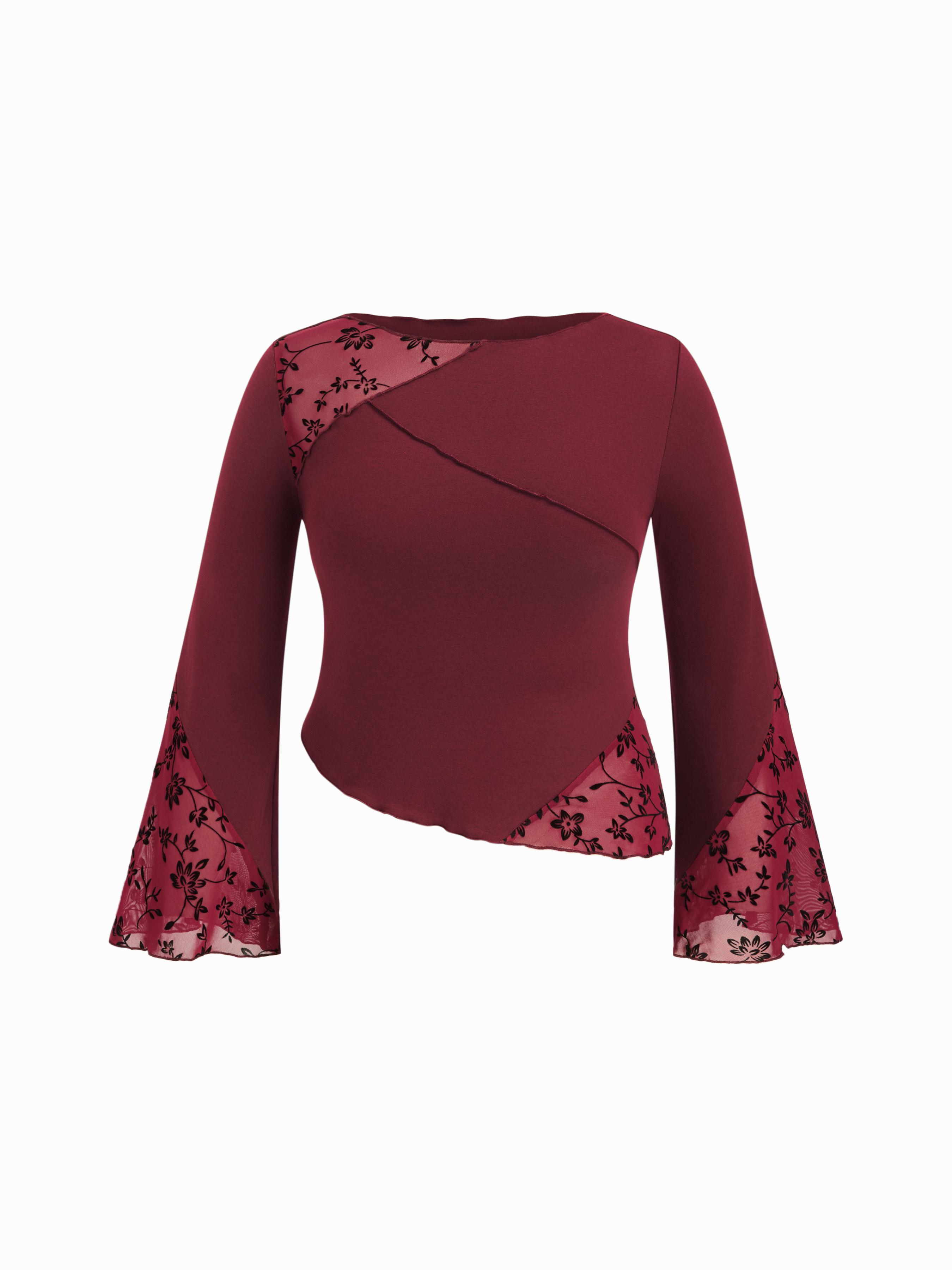 Cotton-blend Boat Neck Lace Patched Asymmetrical Hem Bell Sleeve Top Curve & Plus by CIDER