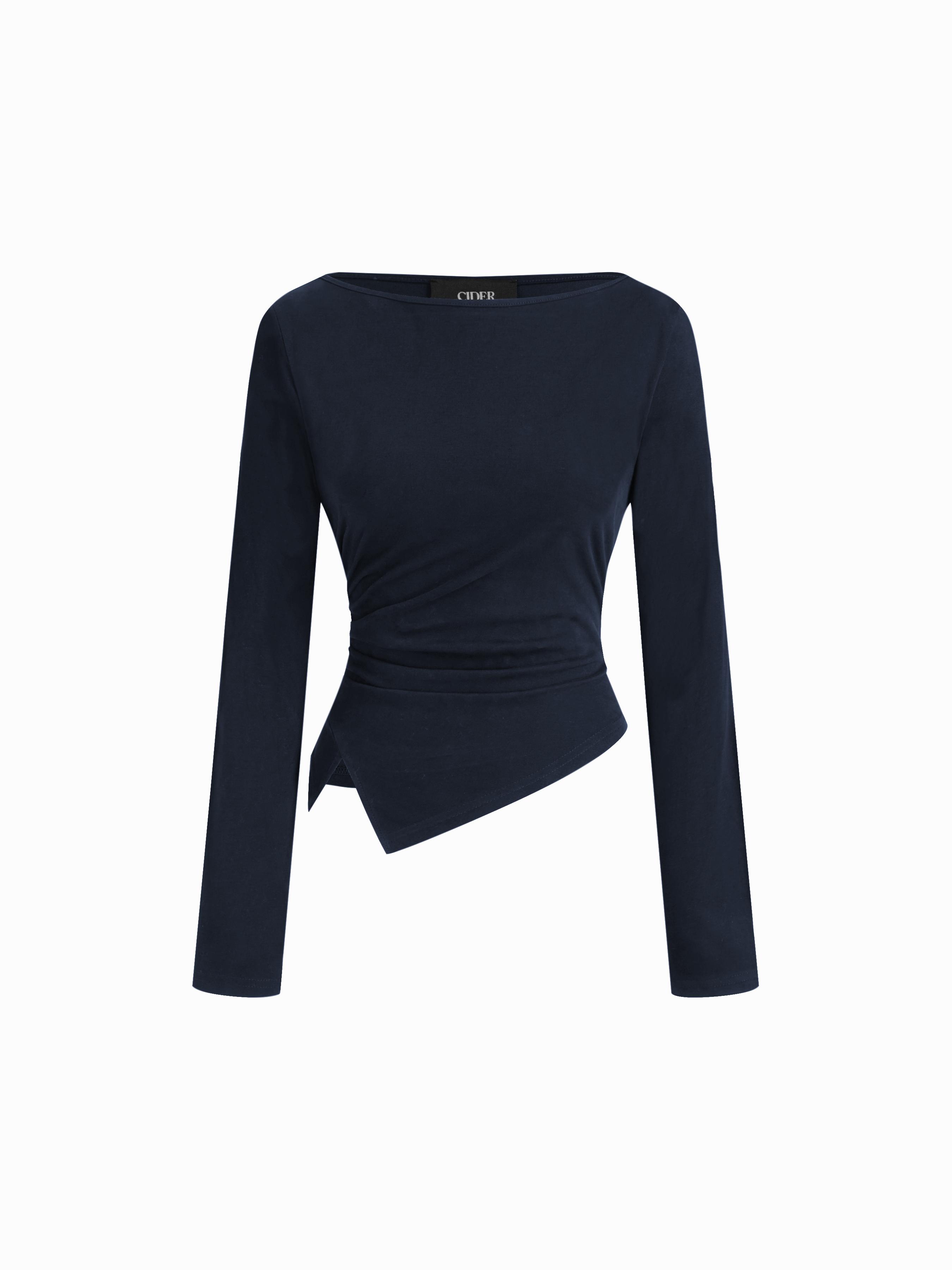 Cotton-blend Boat Neck Long Sleeve Ruched Asymmetrical Hem Tee by CIDER