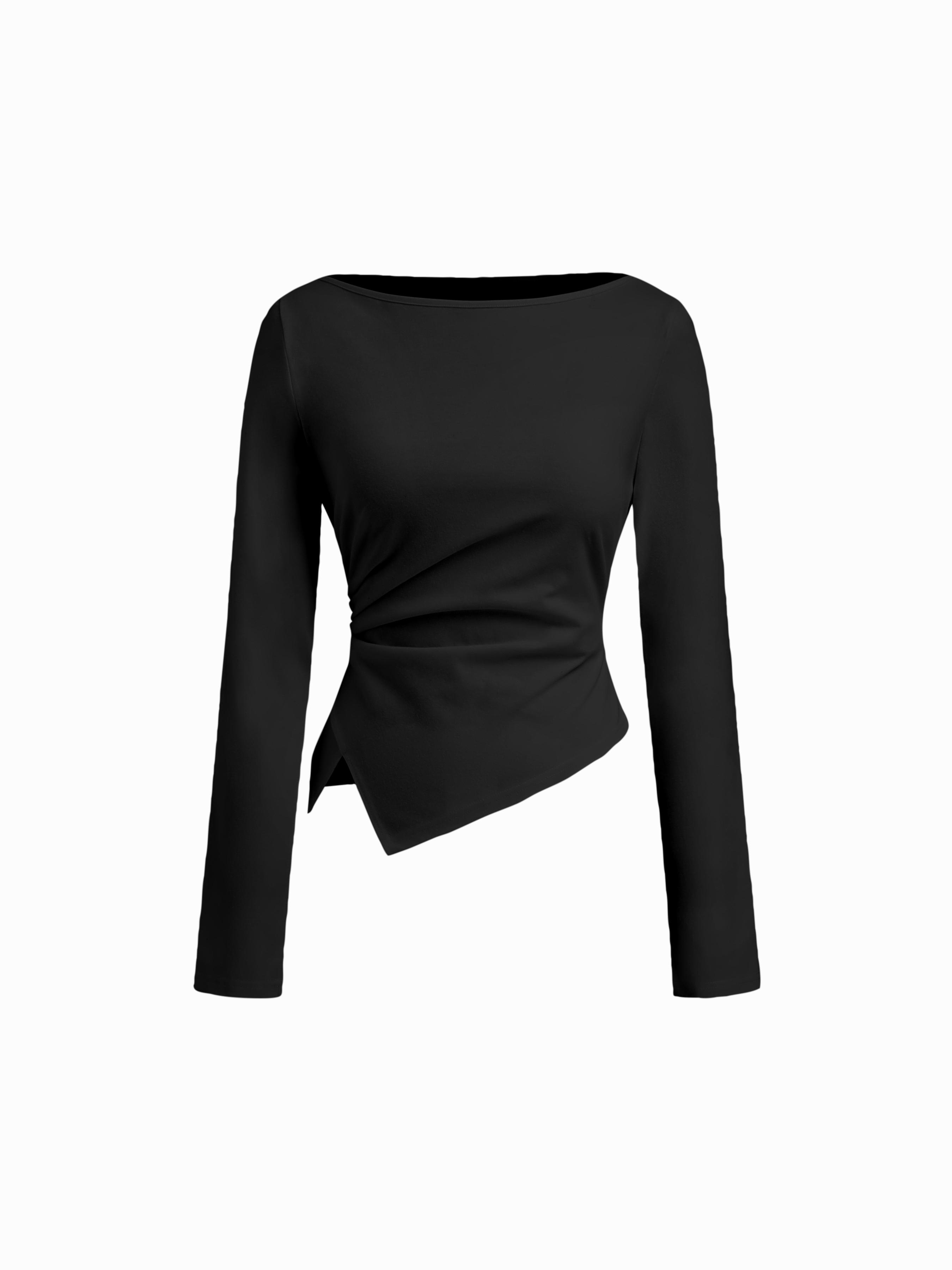 Cotton-blend Boat Neck Long Sleeve Ruched Asymmetrical Hem Tee by CIDER