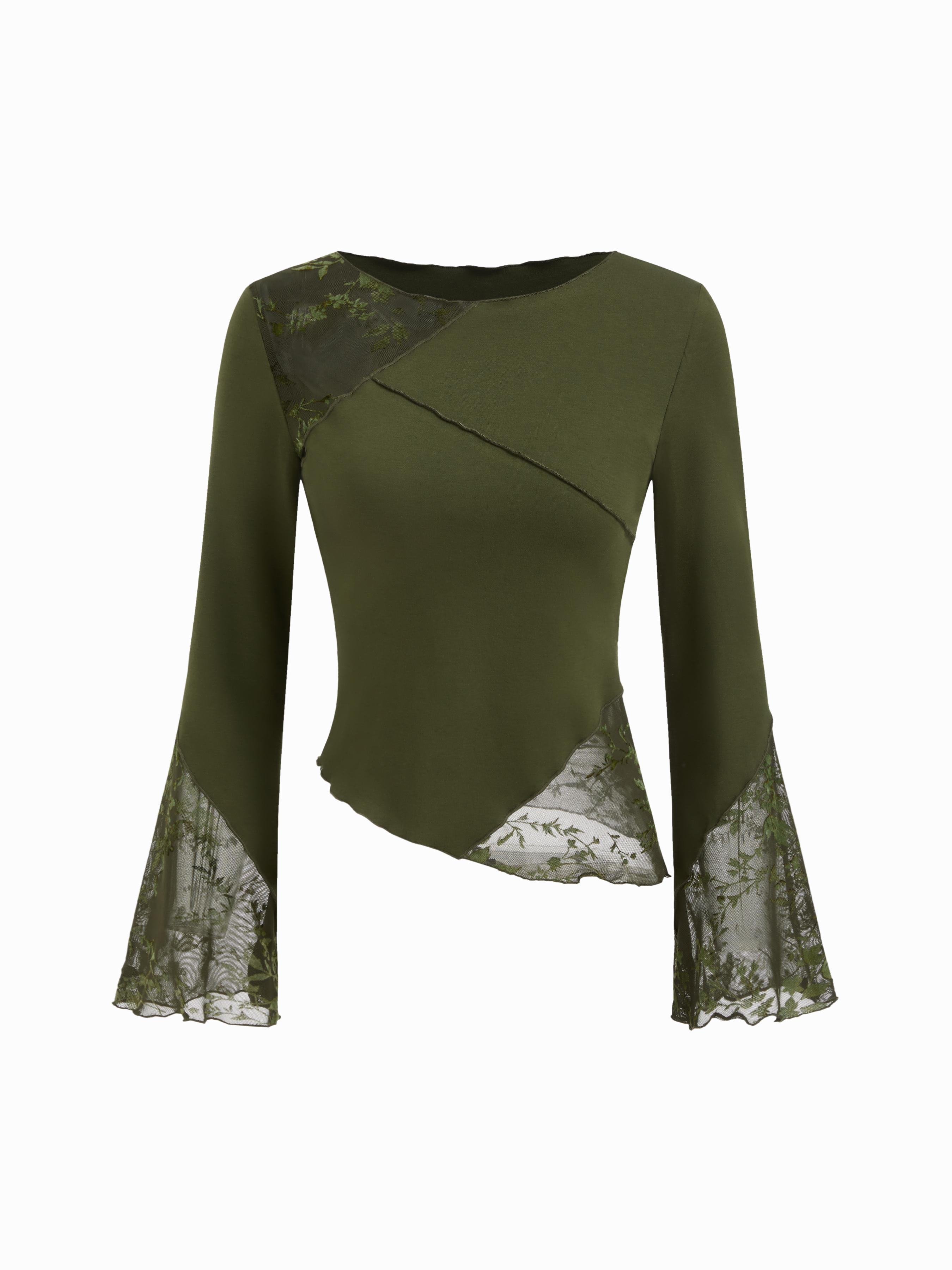 Cotton-blend Boat Neck Patched Asymmetrical Hem Long Sleeve Top by CIDER