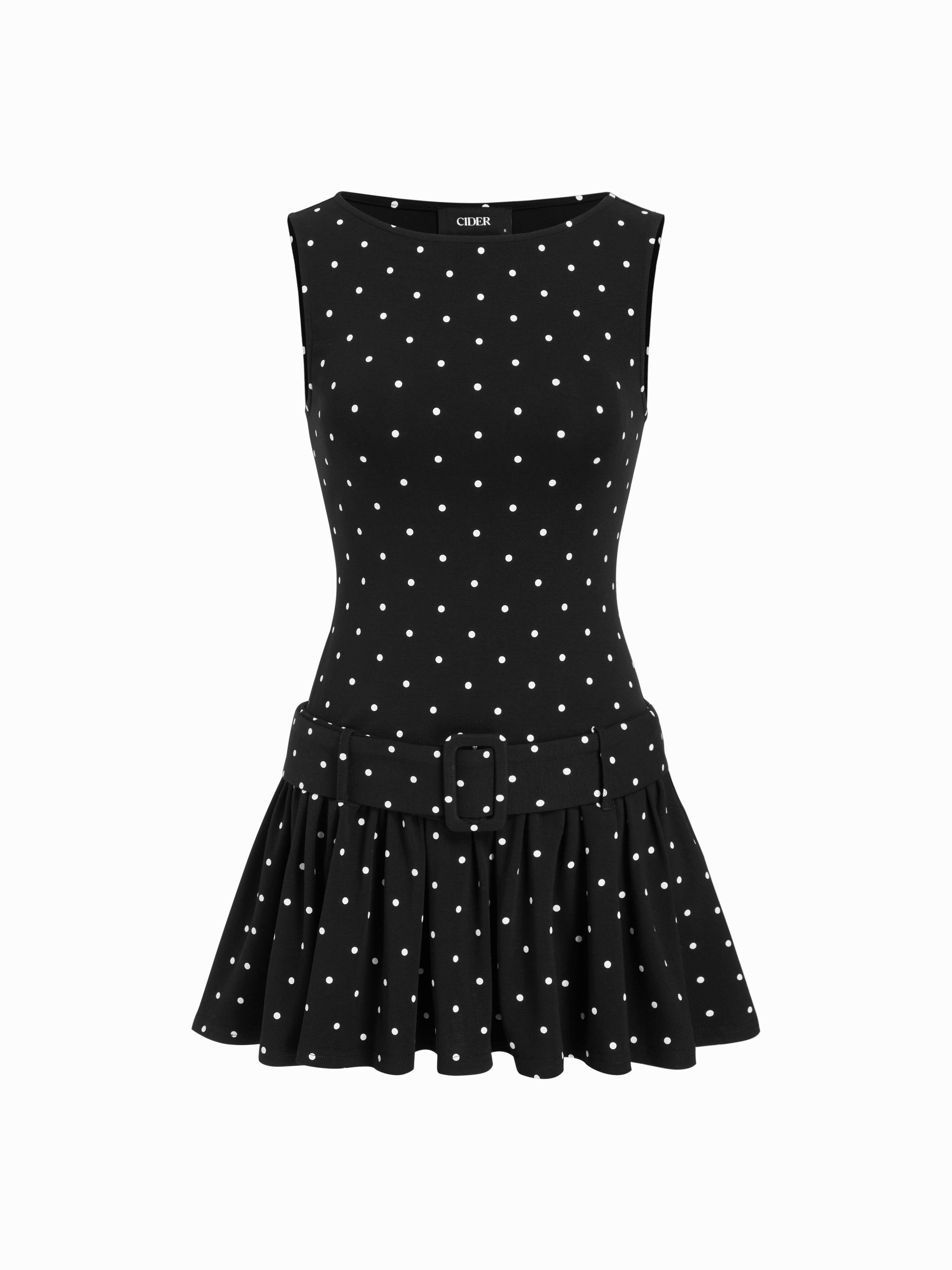 Cotton-blend Boat Neck Polka Dot Flared Mini Dress With Belt by CIDER