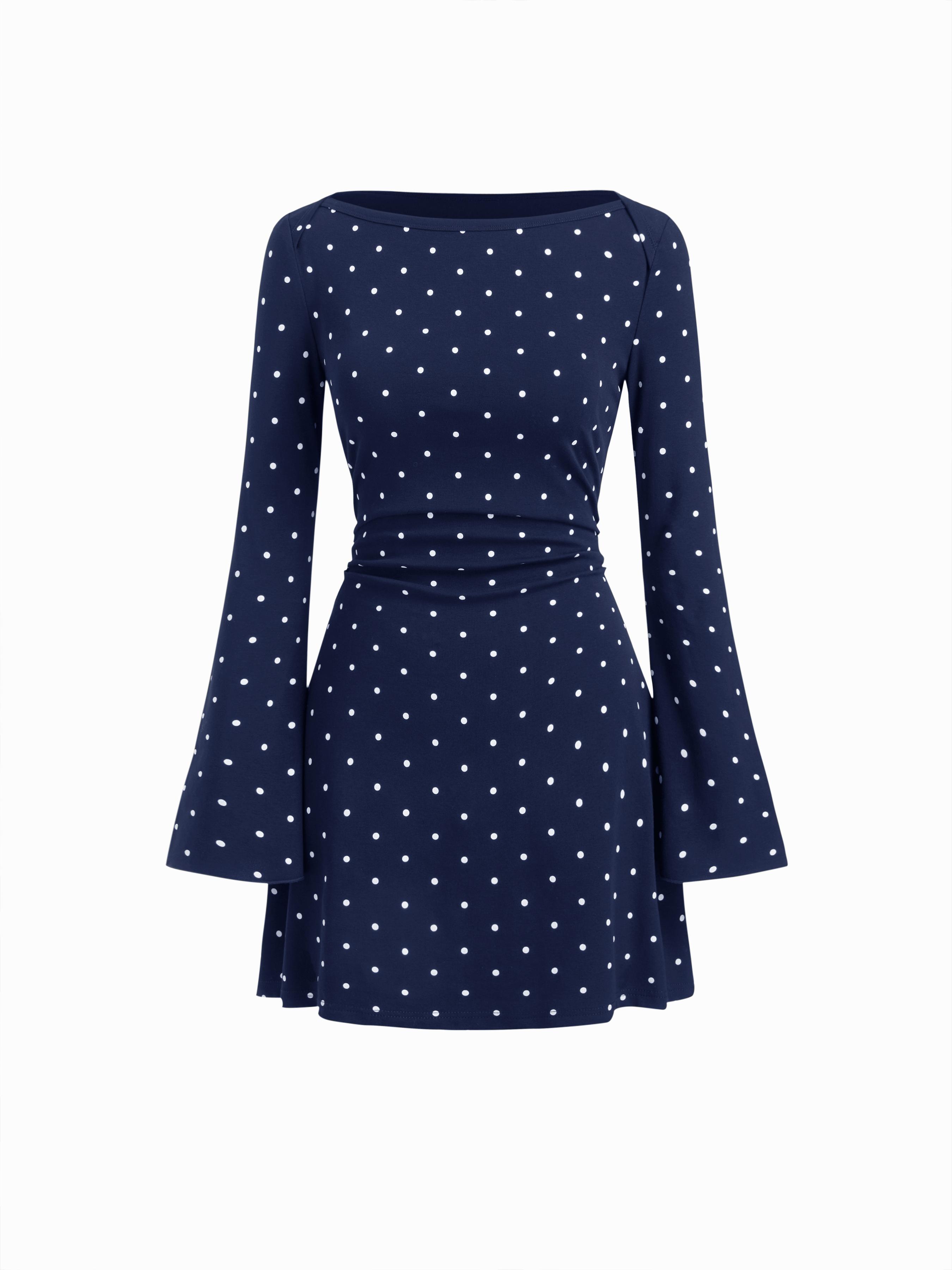 Cotton-blend Boat Neck Polka Dot Ruched Bell Sleeve Mini Dress by CIDER