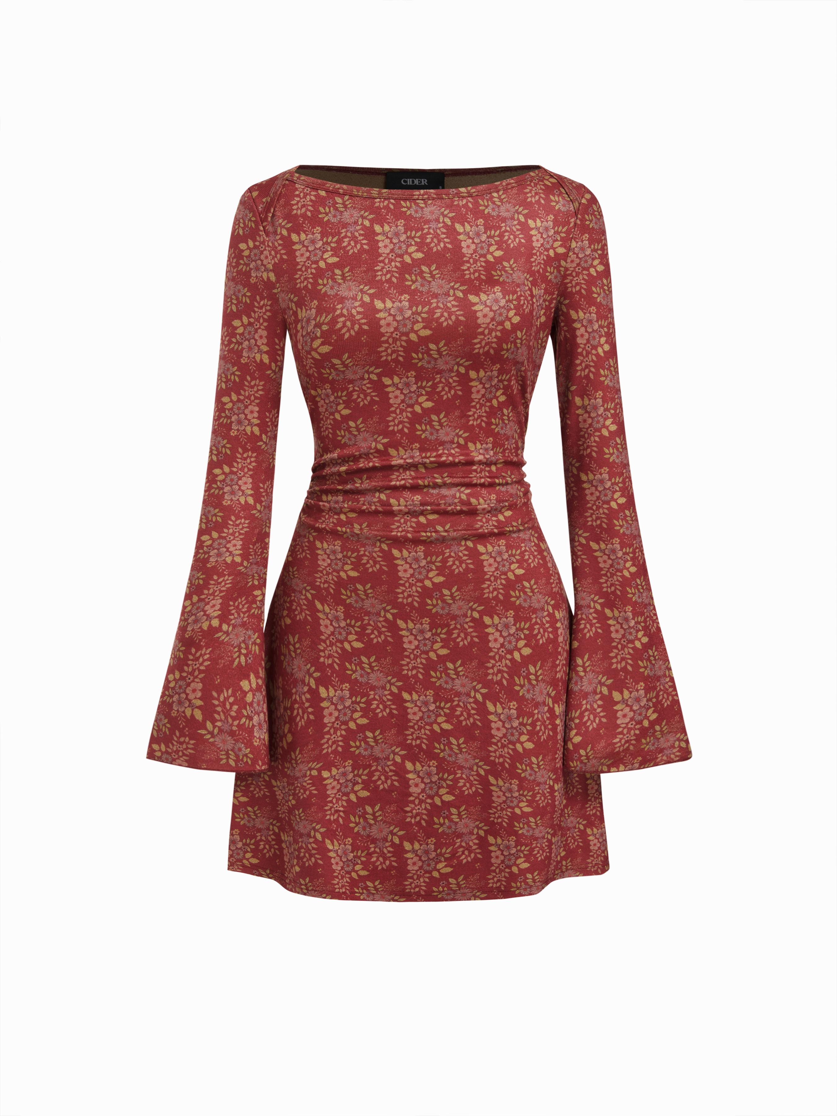 Cotton-blend Boat Neck Polka Dot Ruched Bell Sleeve Mini Dress by CIDER