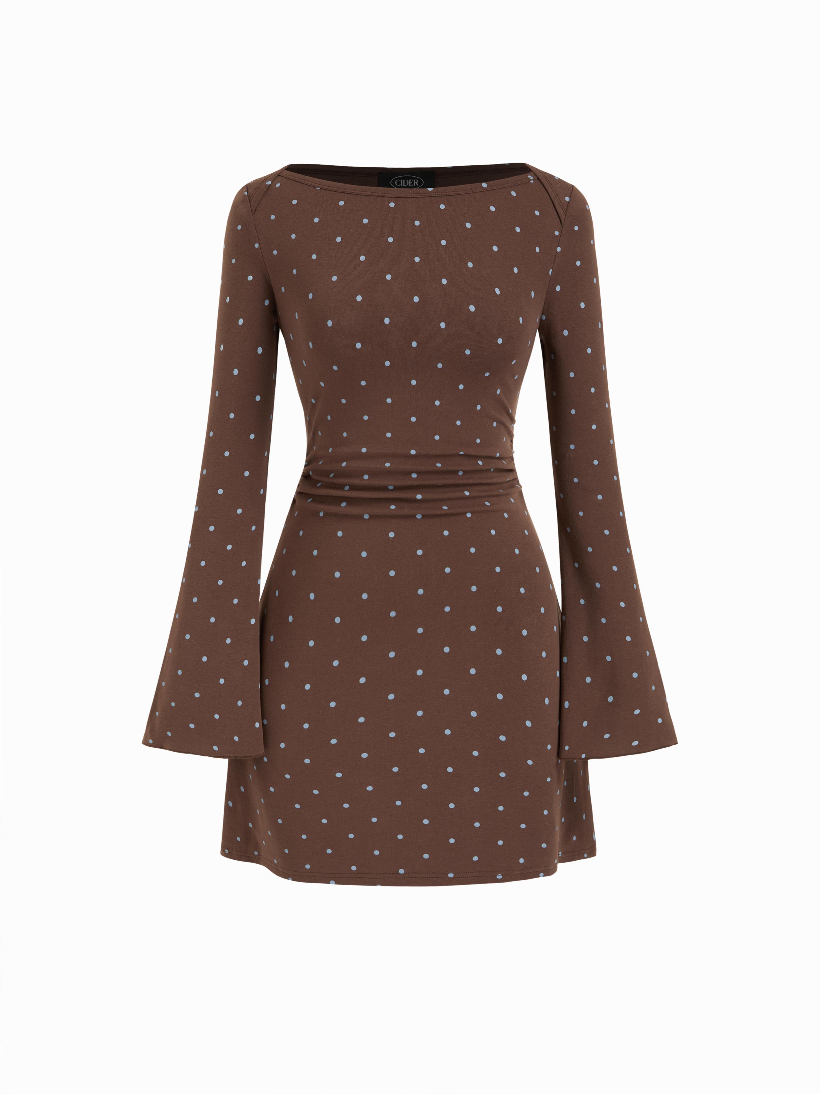 Cotton-blend Boat Neck Polka Dot Ruched Bell Sleeve Mini Dress by CIDER
