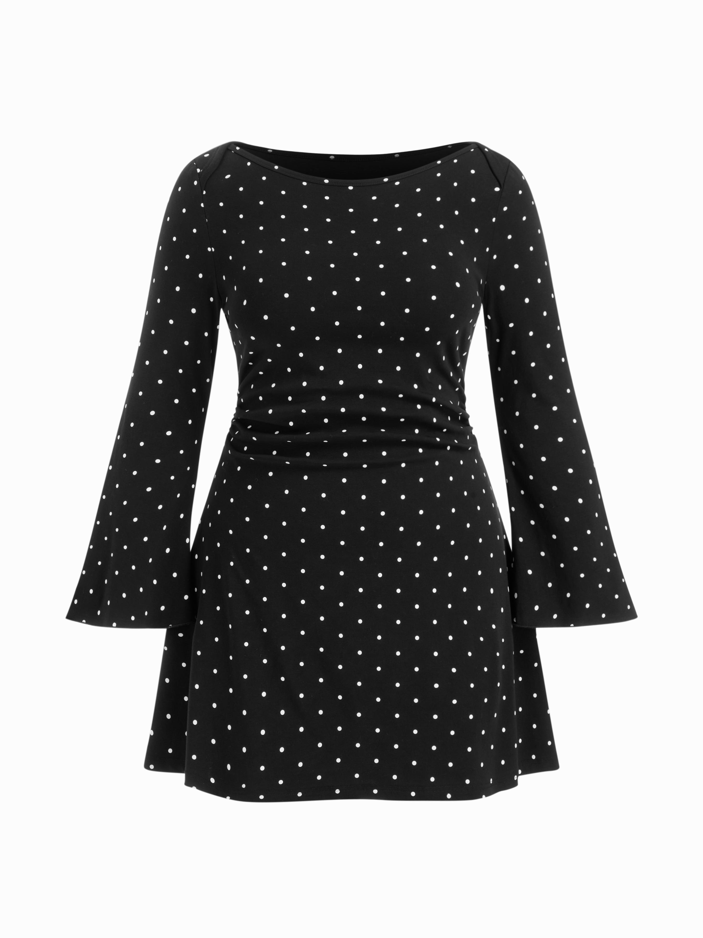 Cotton-blend Boat Neck Polka Dot Ruched Bell Sleeve Mini Dress Curve & Plus by CIDER