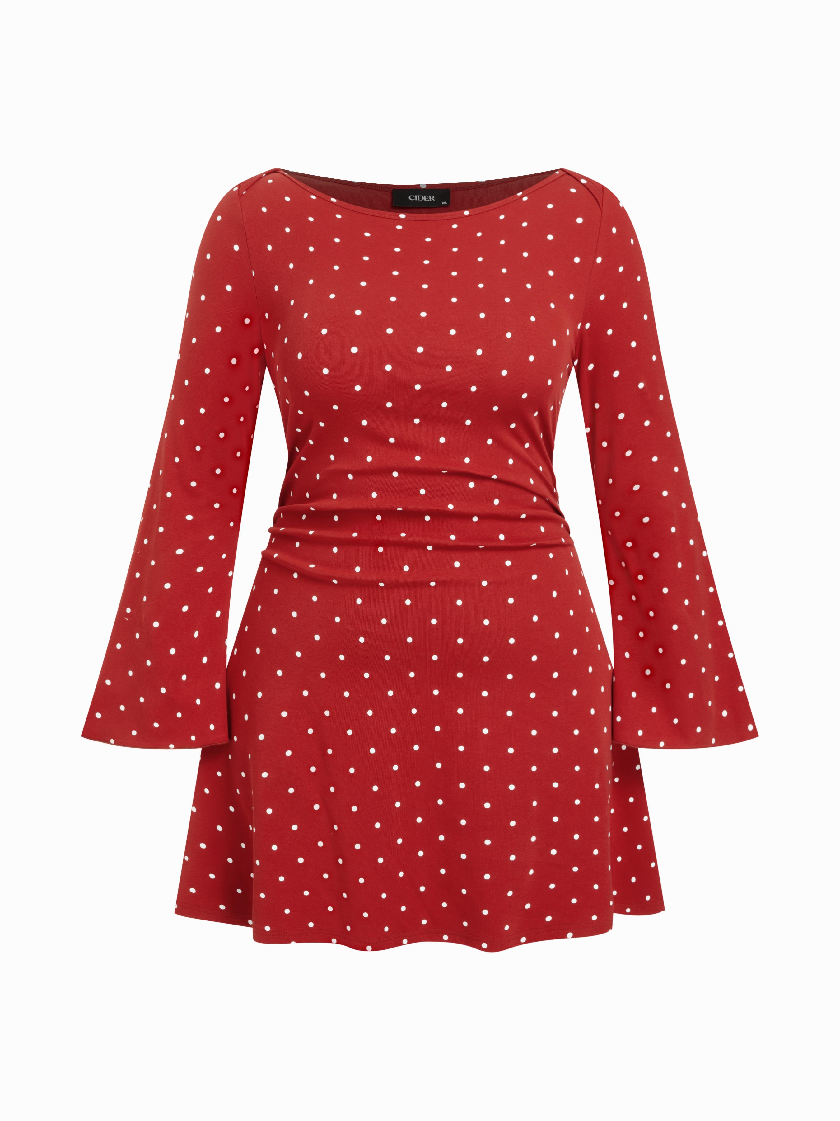 Cotton-blend Boat Neck Polka Dot Ruched Bell Sleeve Mini Dress Curve & Plus by CIDER