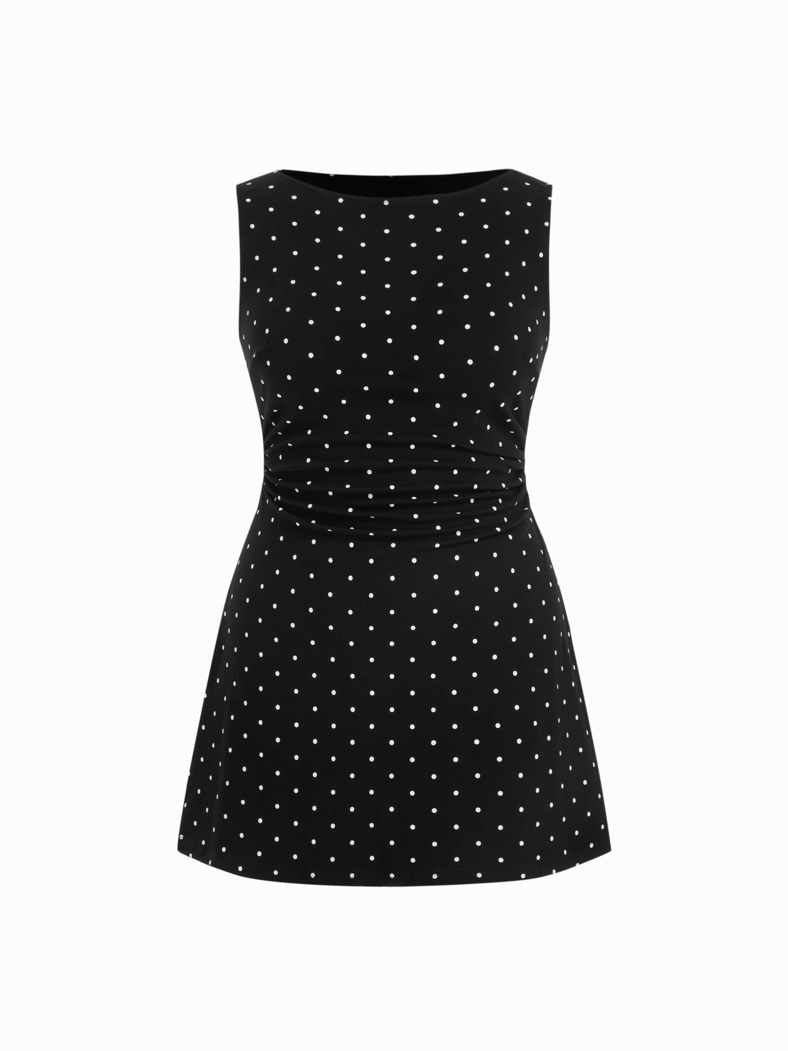 Cotton-blend Boat Neck Polka Dot Ruched Mini Tank Dress Curve & Plus by CIDER