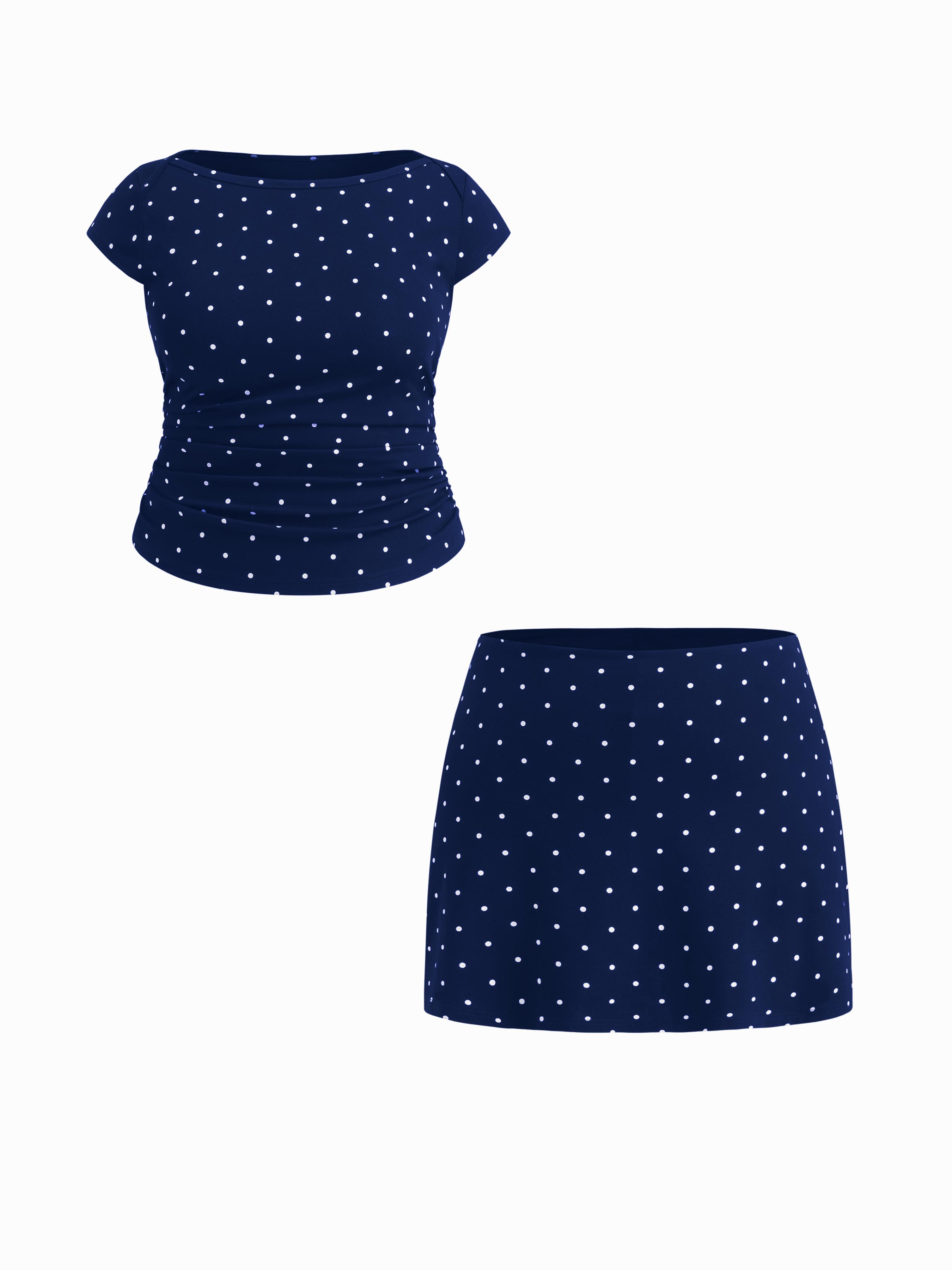 Cotton-blend Boat Neck Polka Dot Ruched Tee & Mini Skirt Curve & Plus by CIDER