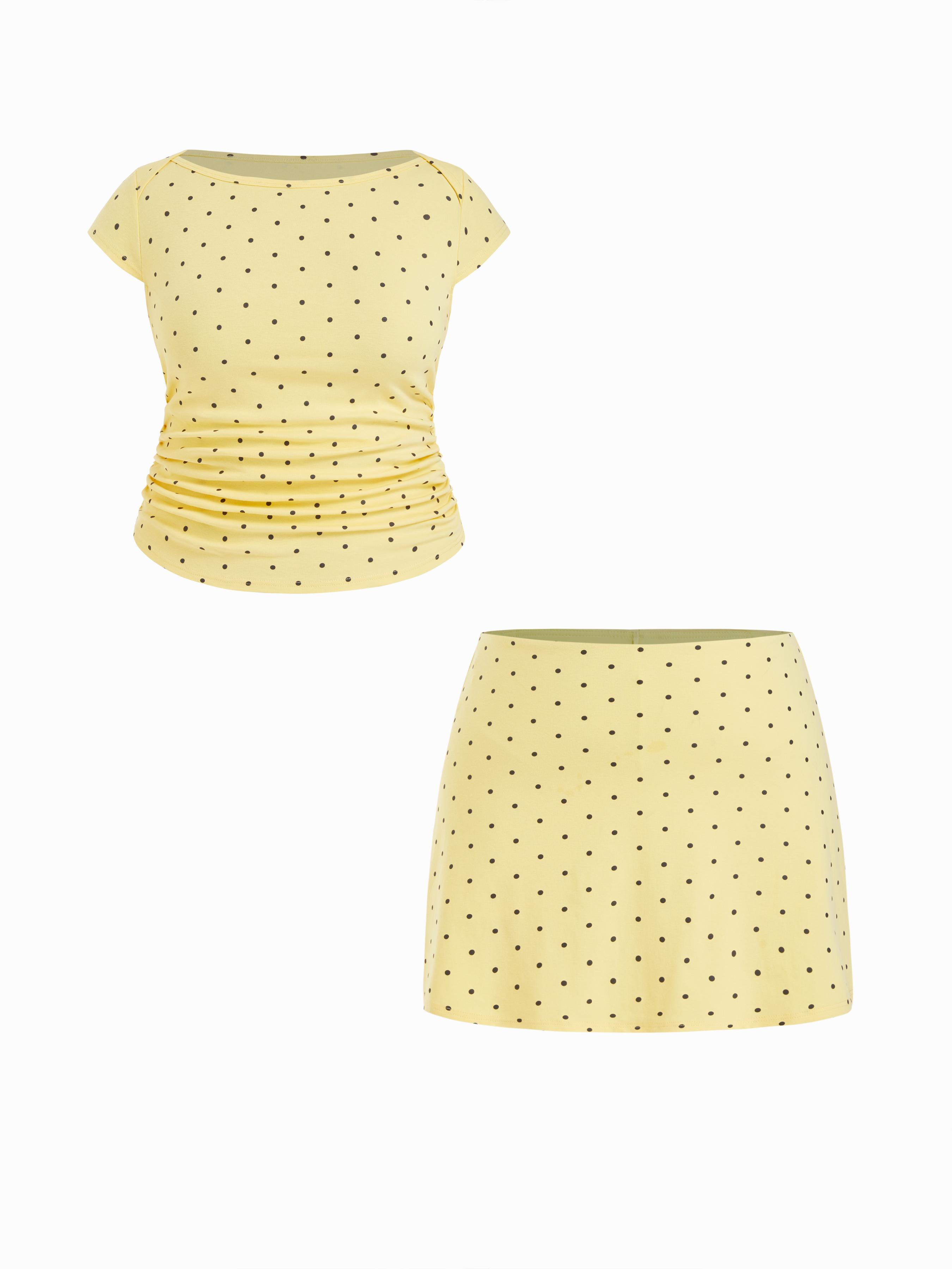 Cotton-blend Boat Neck Polka Dot Ruched Tee & Mini Skirt Curve & Plus by CIDER