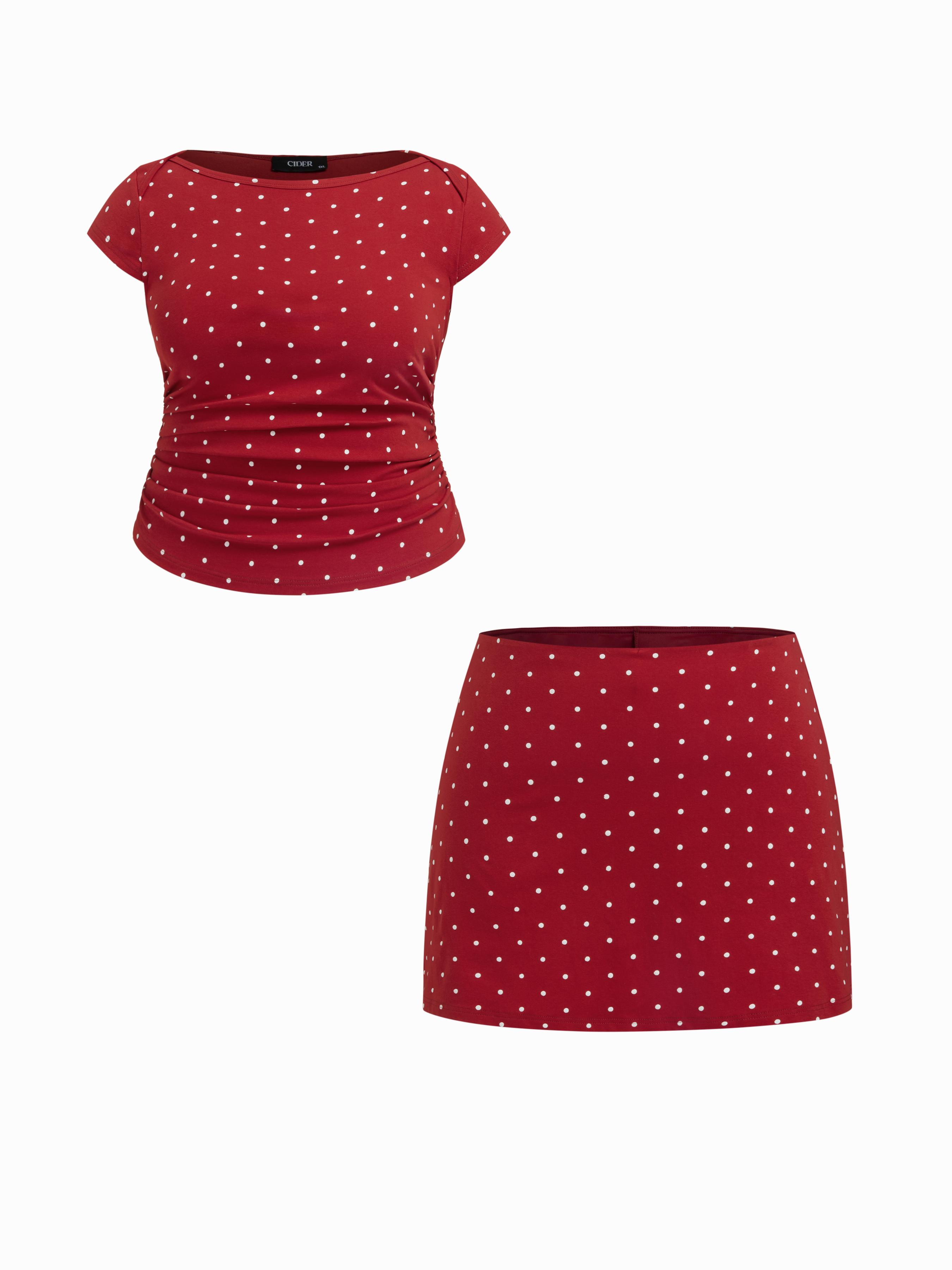 Cotton-blend Boat Neck Polka Dot Ruched Tee & Mini Skirt Curve & Plus by CIDER