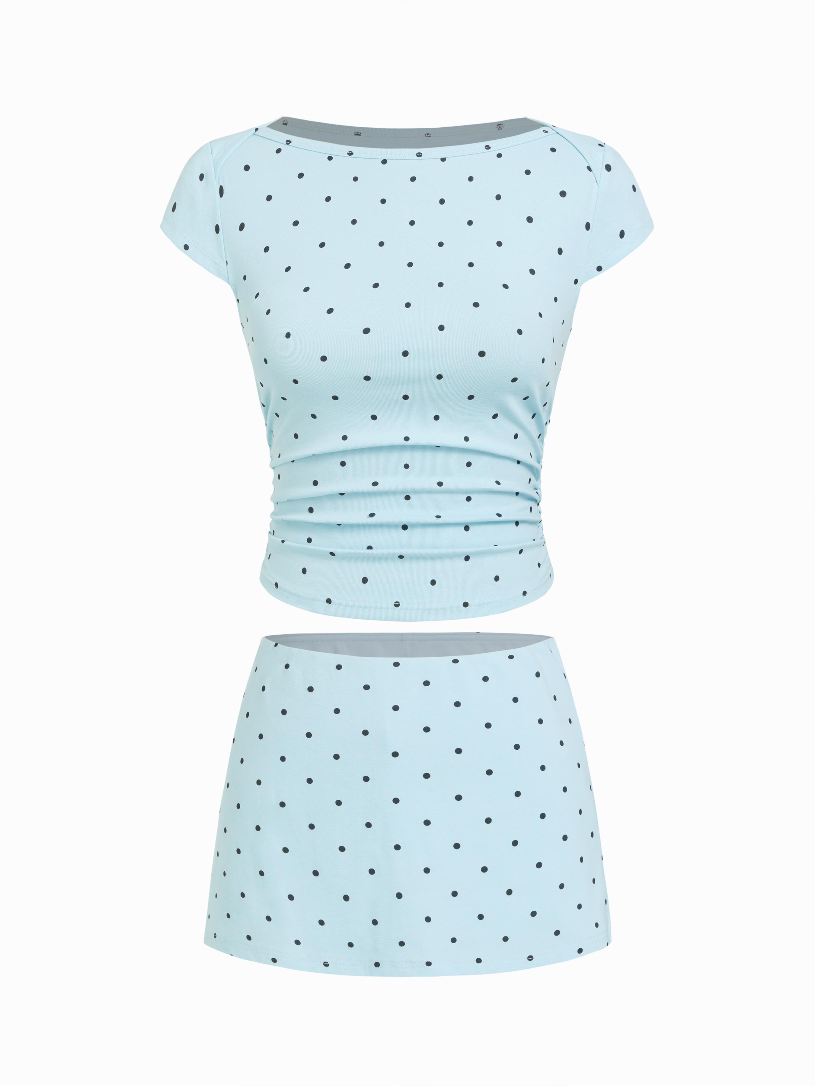 Cotton-blend Boat Neck Polka Dot Ruched Tee & Mini Skort by CIDER