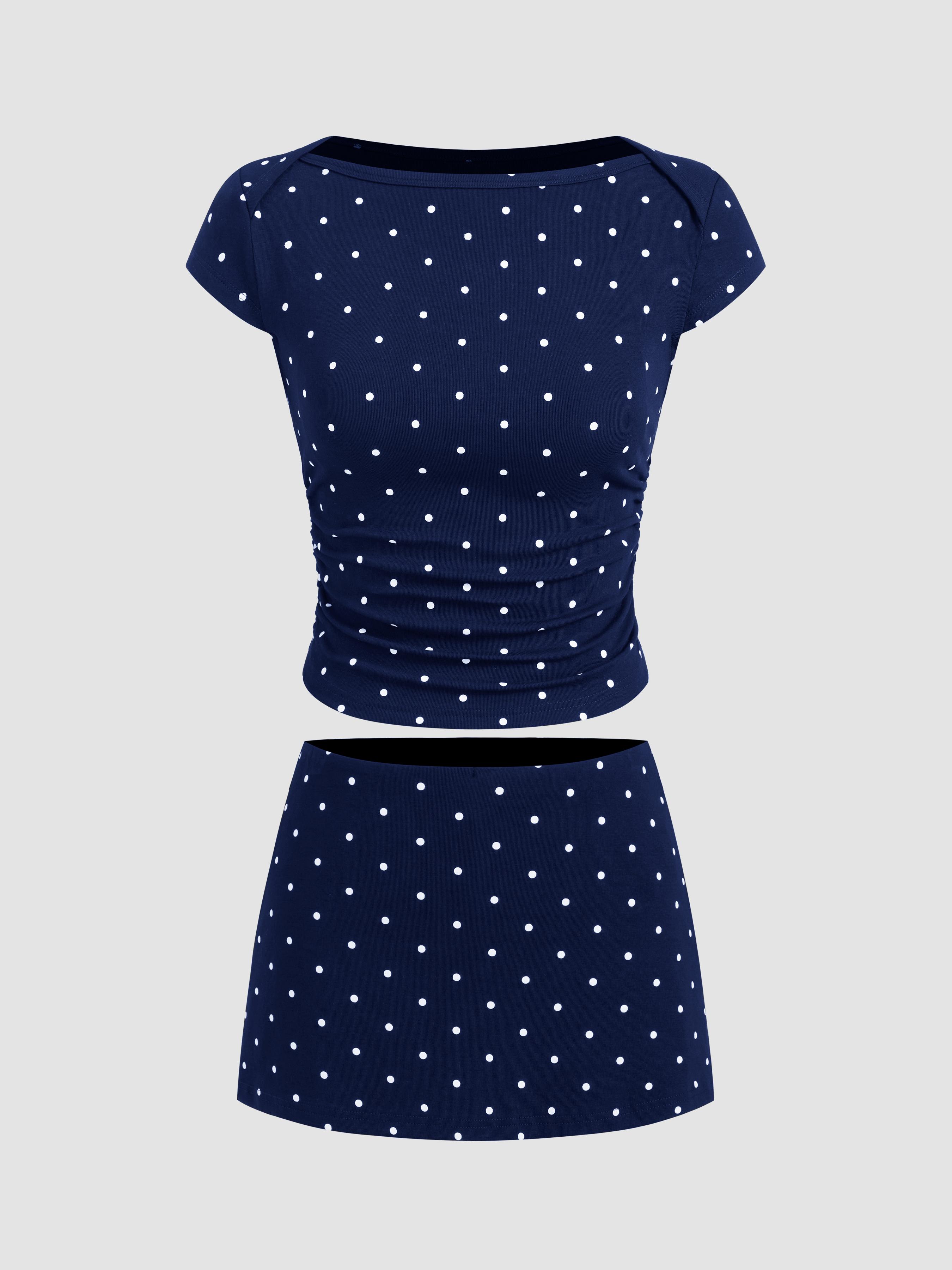 Cotton-blend Boat Neck Polka Dot Ruched Tee & Mini Skort by CIDER