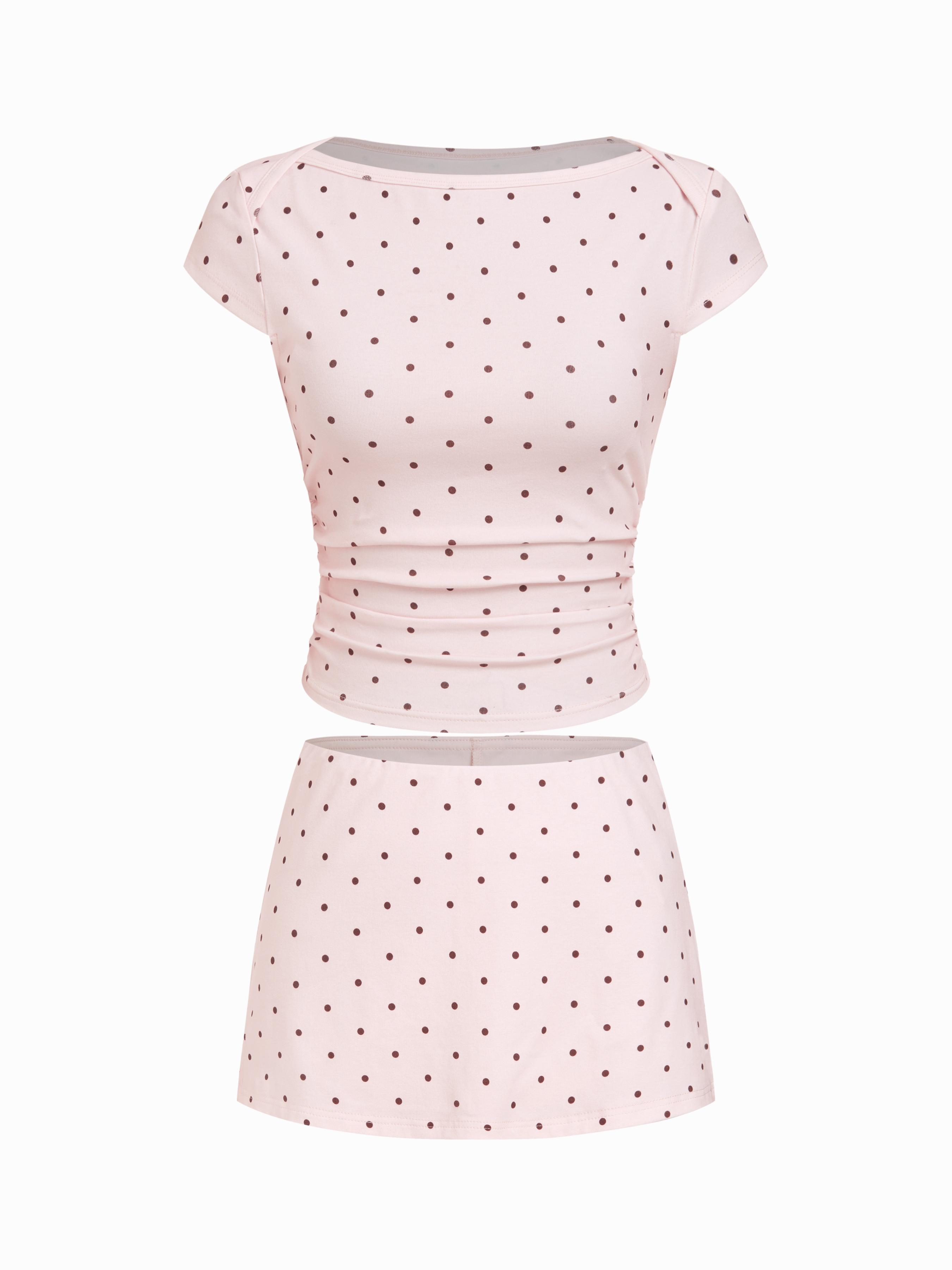 Cotton-blend Boat Neck Polka Dot Ruched Tee & Mini Skort by CIDER