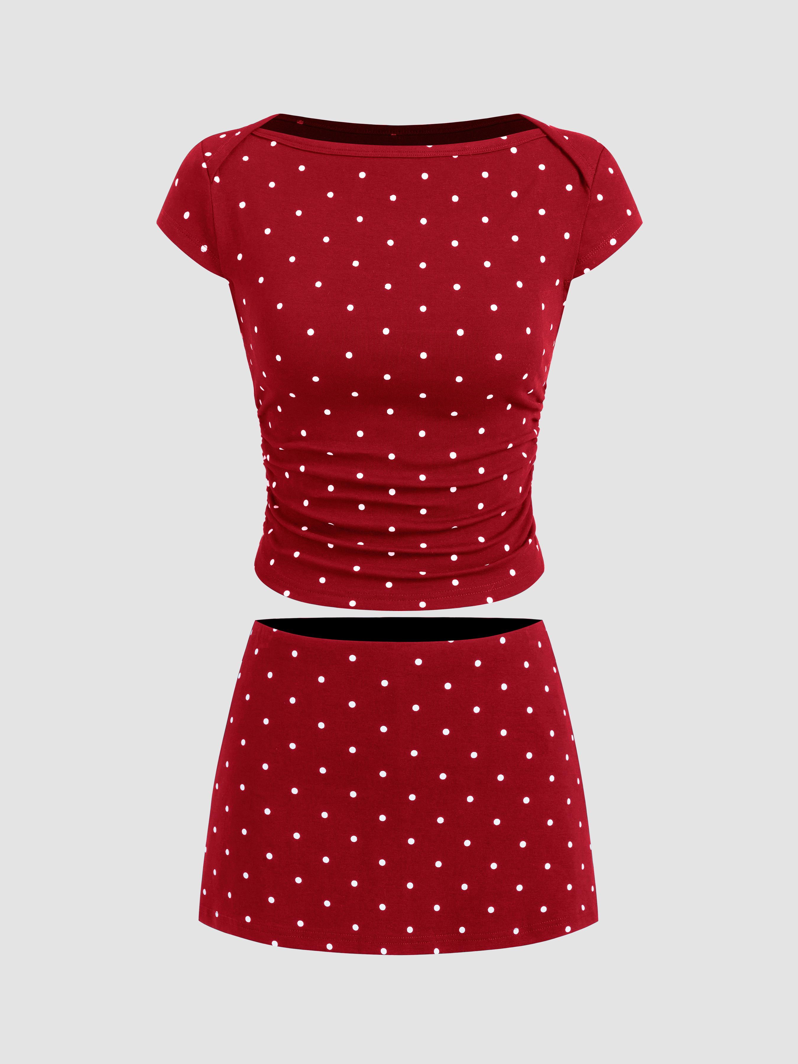 Cotton-blend Boat Neck Polka Dot Ruched Tee & Mini Skort by CIDER