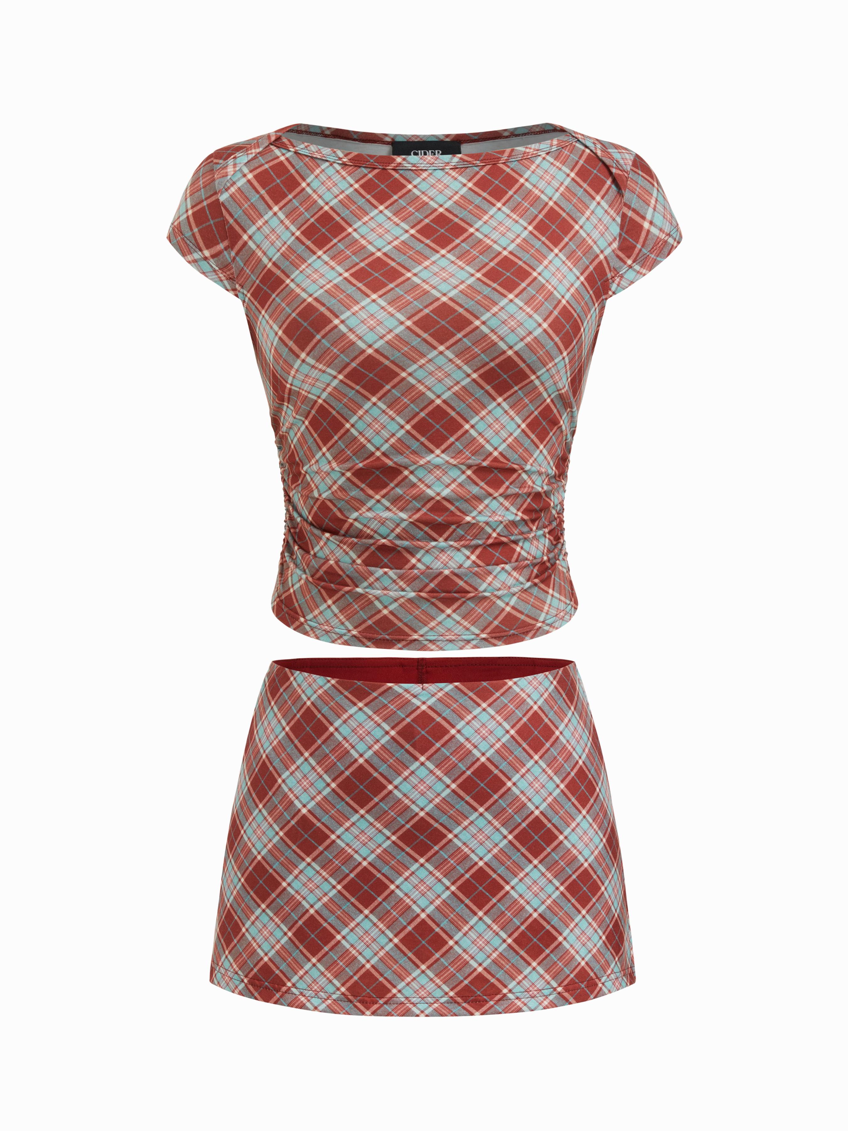 Cotton-blend Boat Neck Polka Dot Ruched Tee & Mini Skort by CIDER