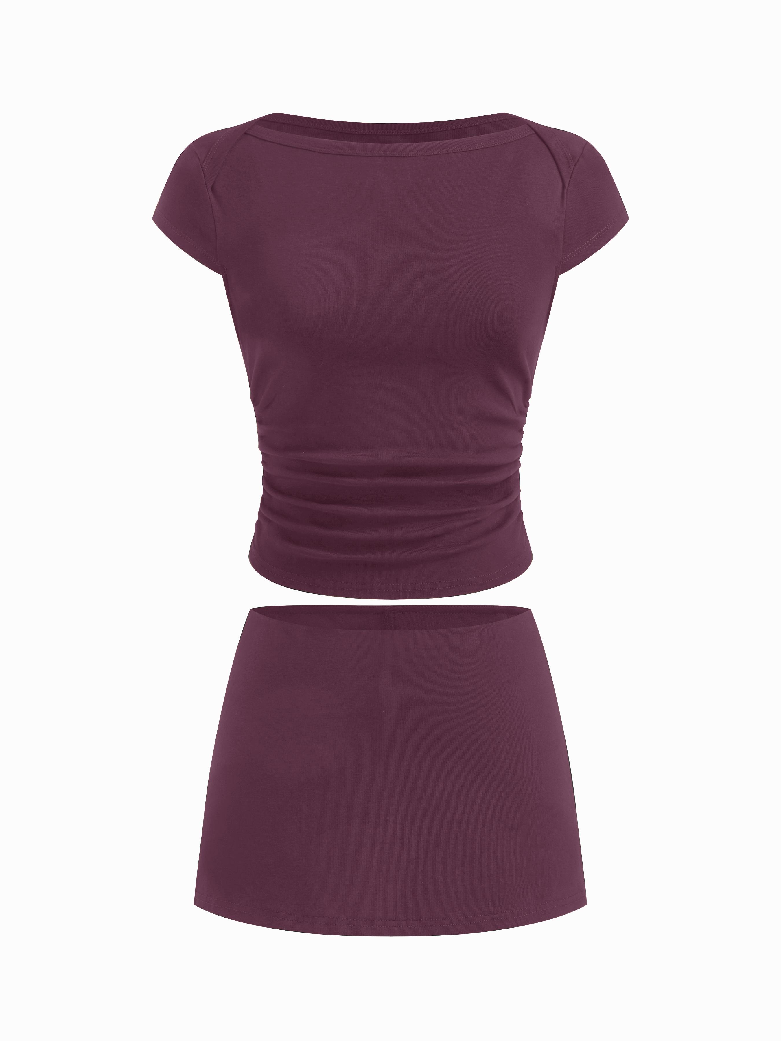 Cotton-blend Boat Neck Polka Dot Ruched Tee & Mini Skort by CIDER