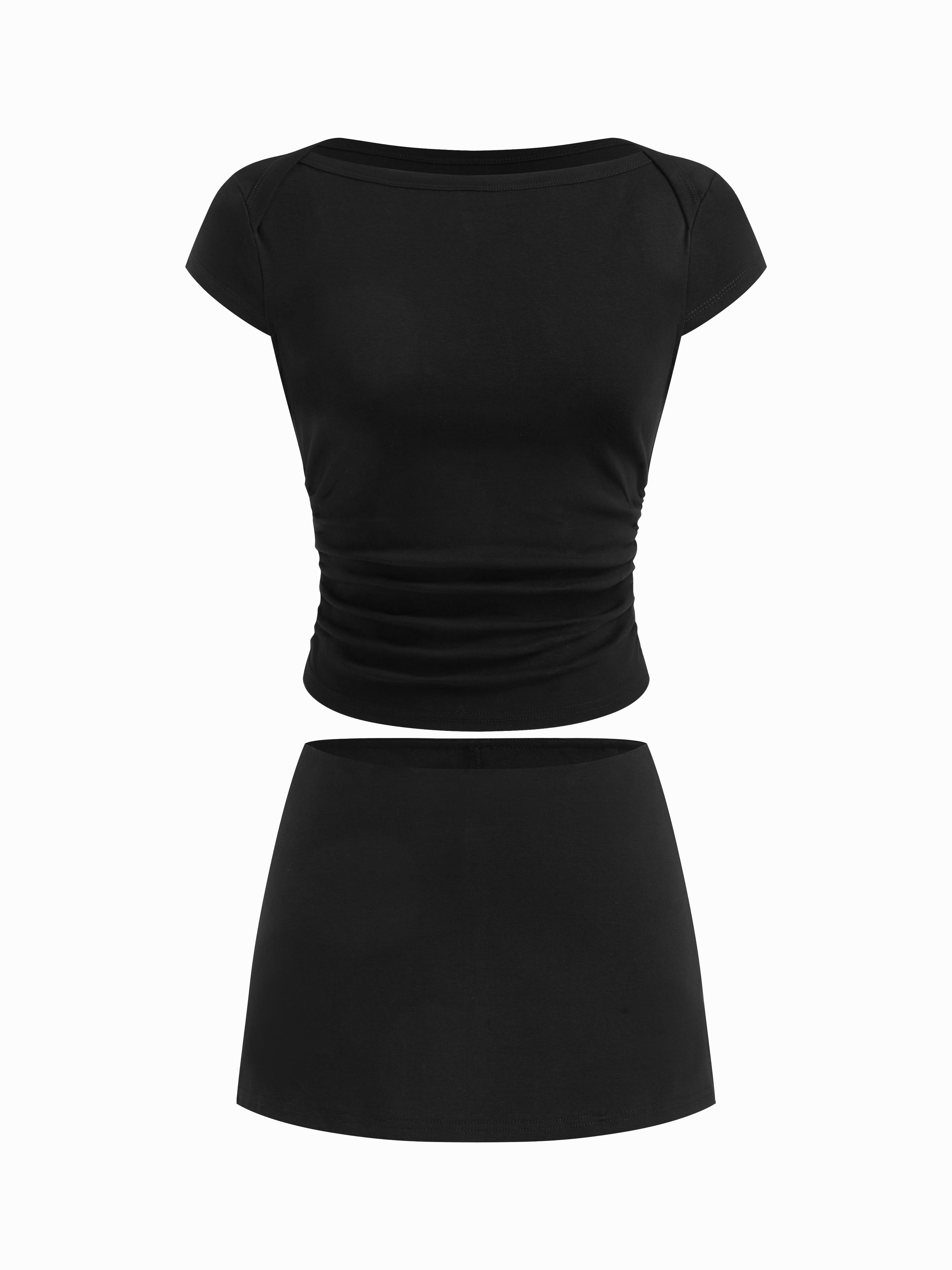 Cotton-blend Boat Neck Polka Dot Ruched Tee & Mini Skort by CIDER