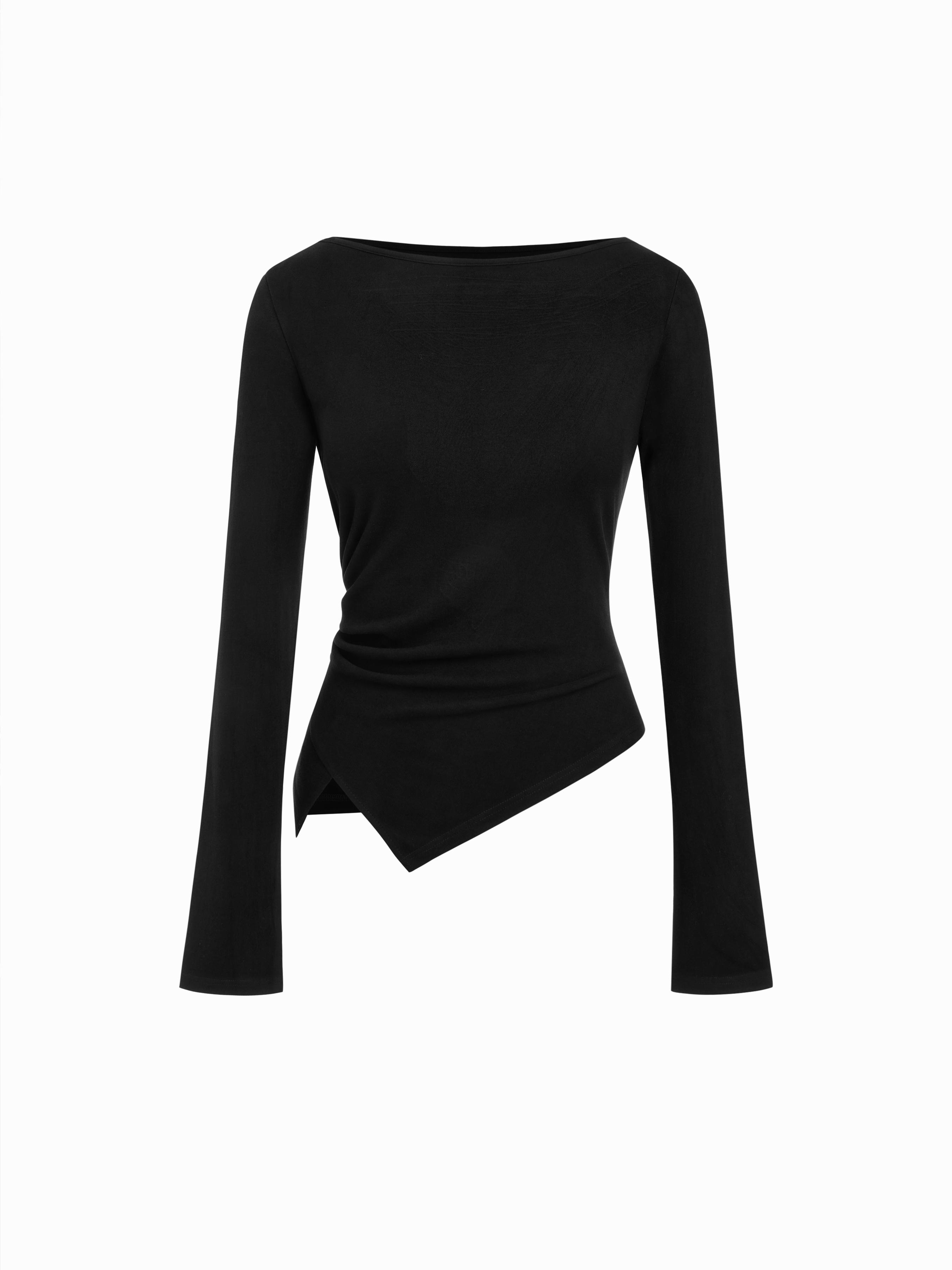 Cotton-blend Boat Neck Ruched Asymmetrical Hem Long Sleeve Tee by CIDER
