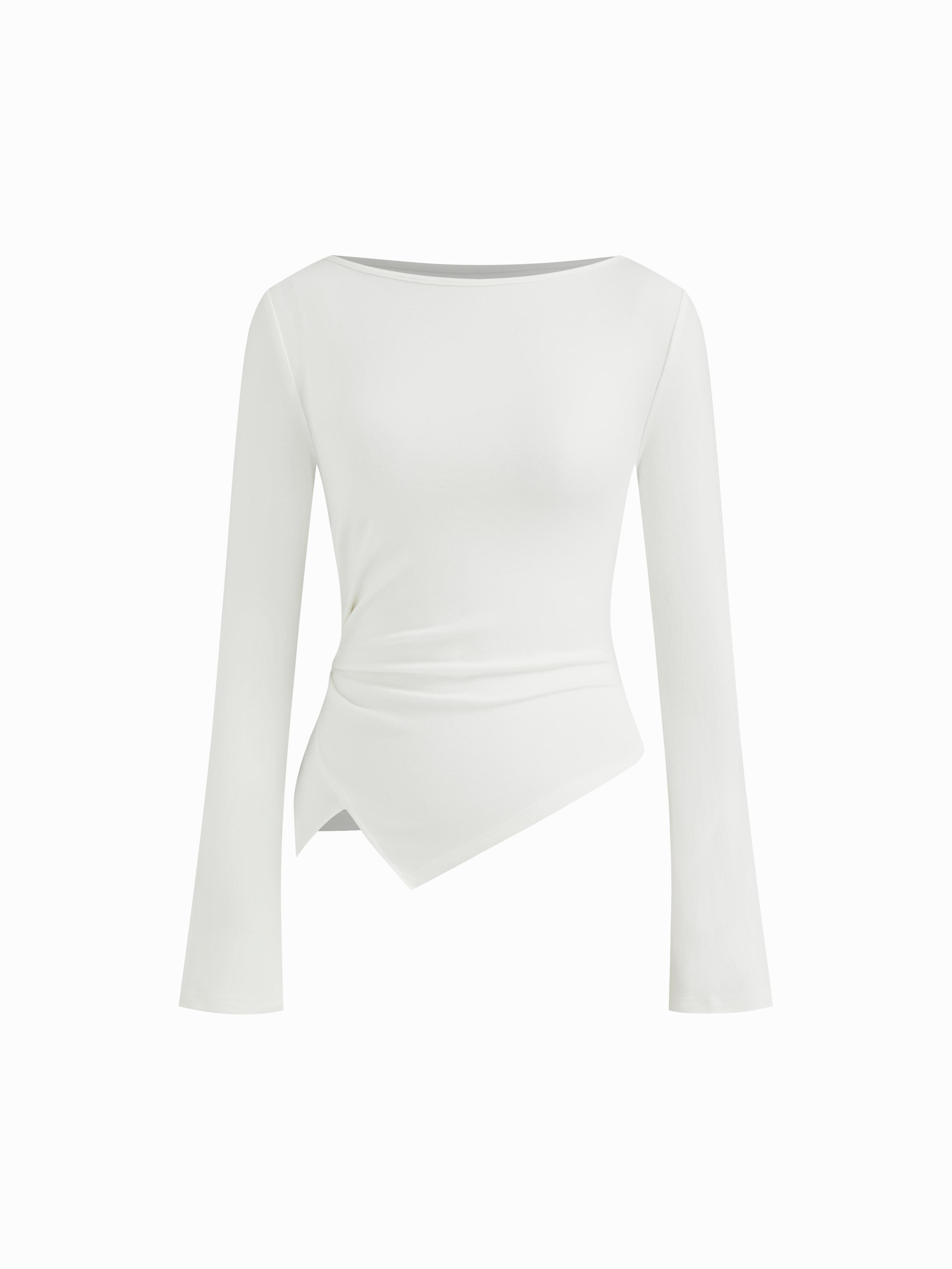 Cotton-blend Boat Neck Ruched Asymmetrical Hem Long Sleeve Tee by CIDER