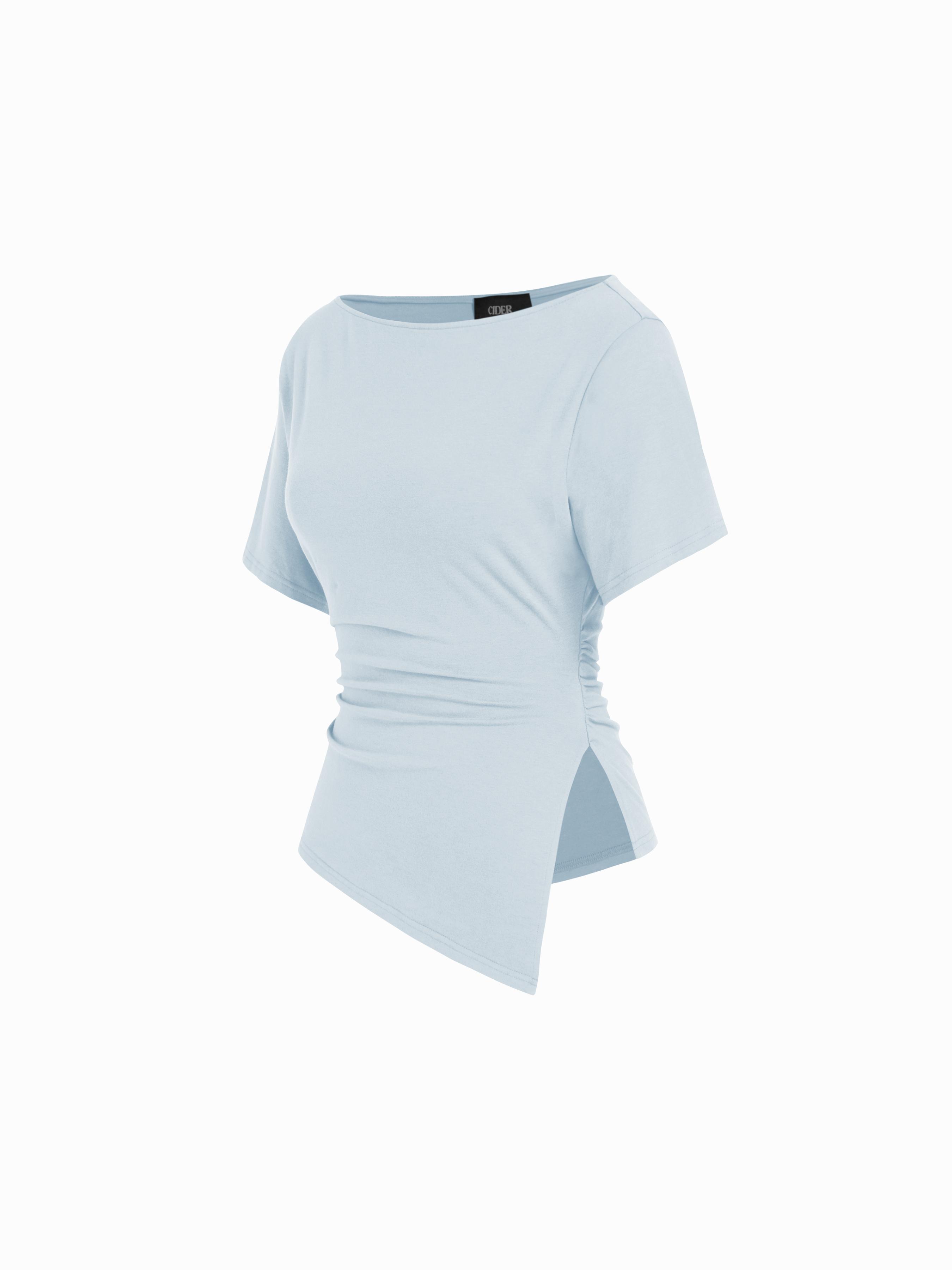 Cotton-blend Boat Neck Ruched Asymmetrical Hem Short Sleeve Tee by CIDER