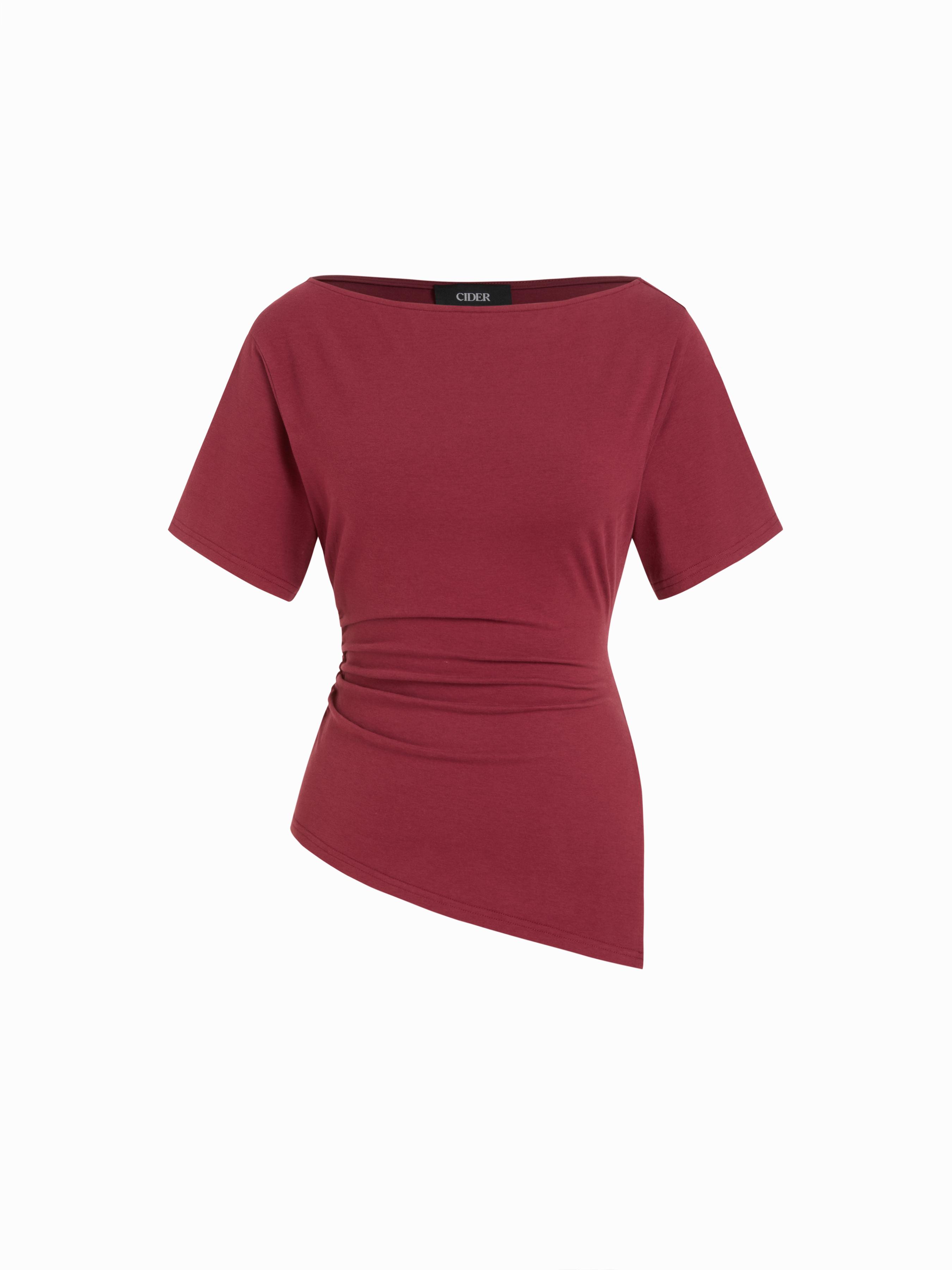 Cotton-blend Boat Neck Ruched Asymmetrical Hem Short Sleeve Tee by CIDER
