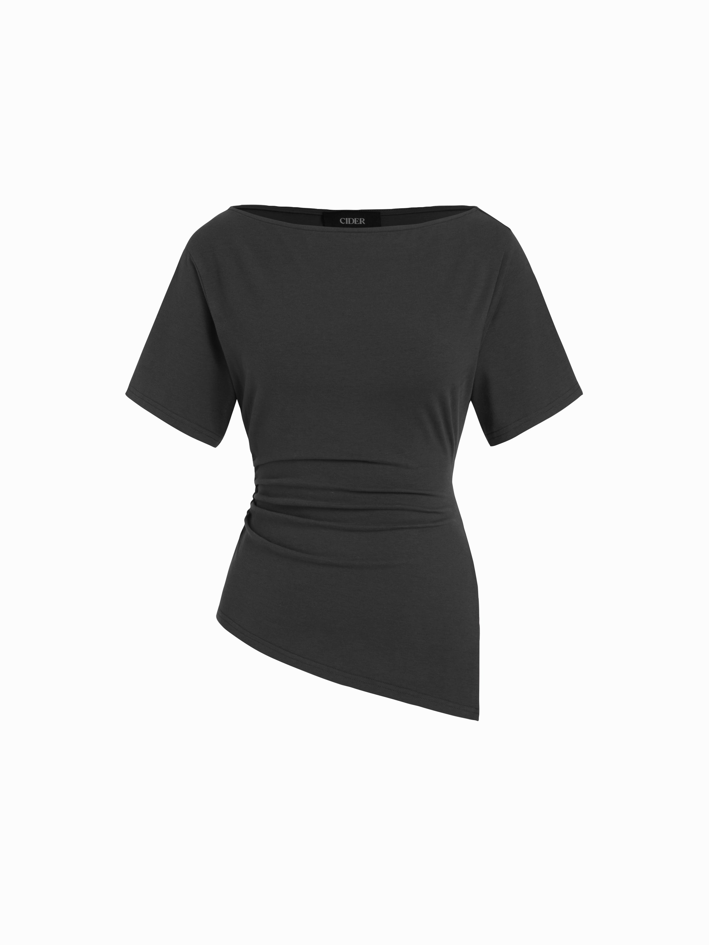 Cotton-blend Boat Neck Ruched Asymmetrical Hem Short Sleeve Tee by CIDER
