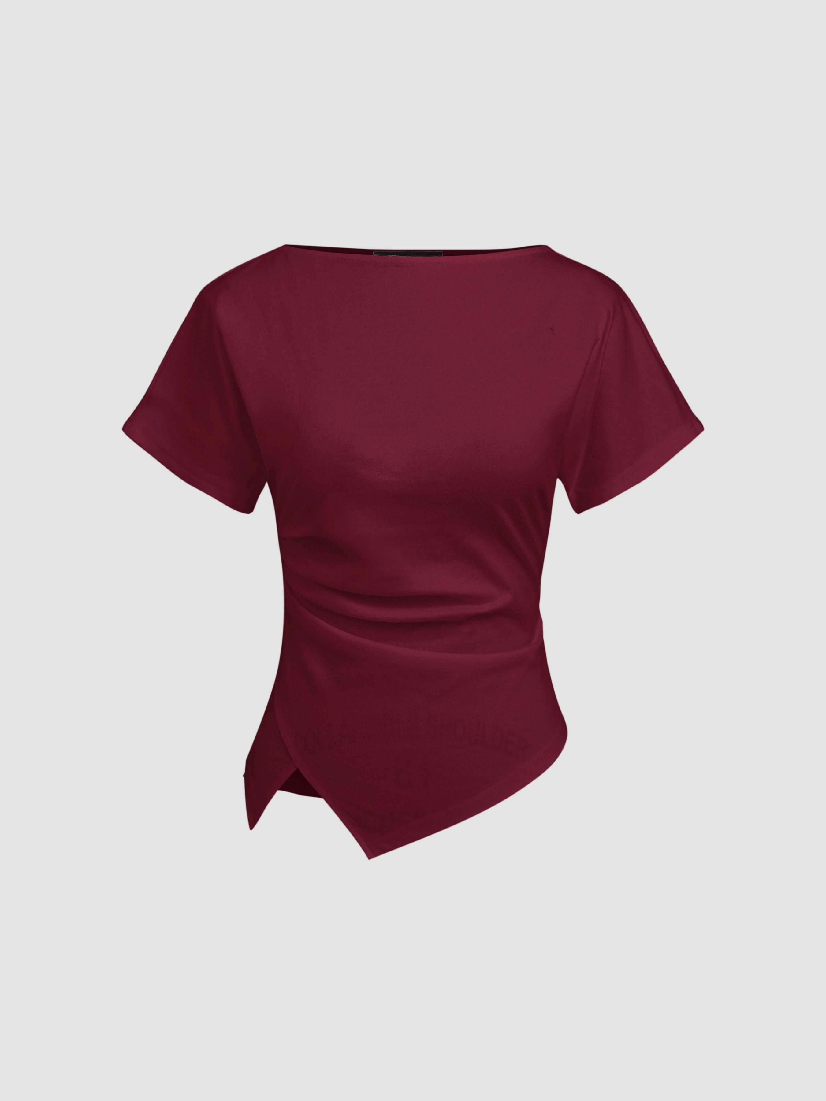 Cotton-blend Boat Neck Ruched Asymmetrical Hem Tee by CIDER