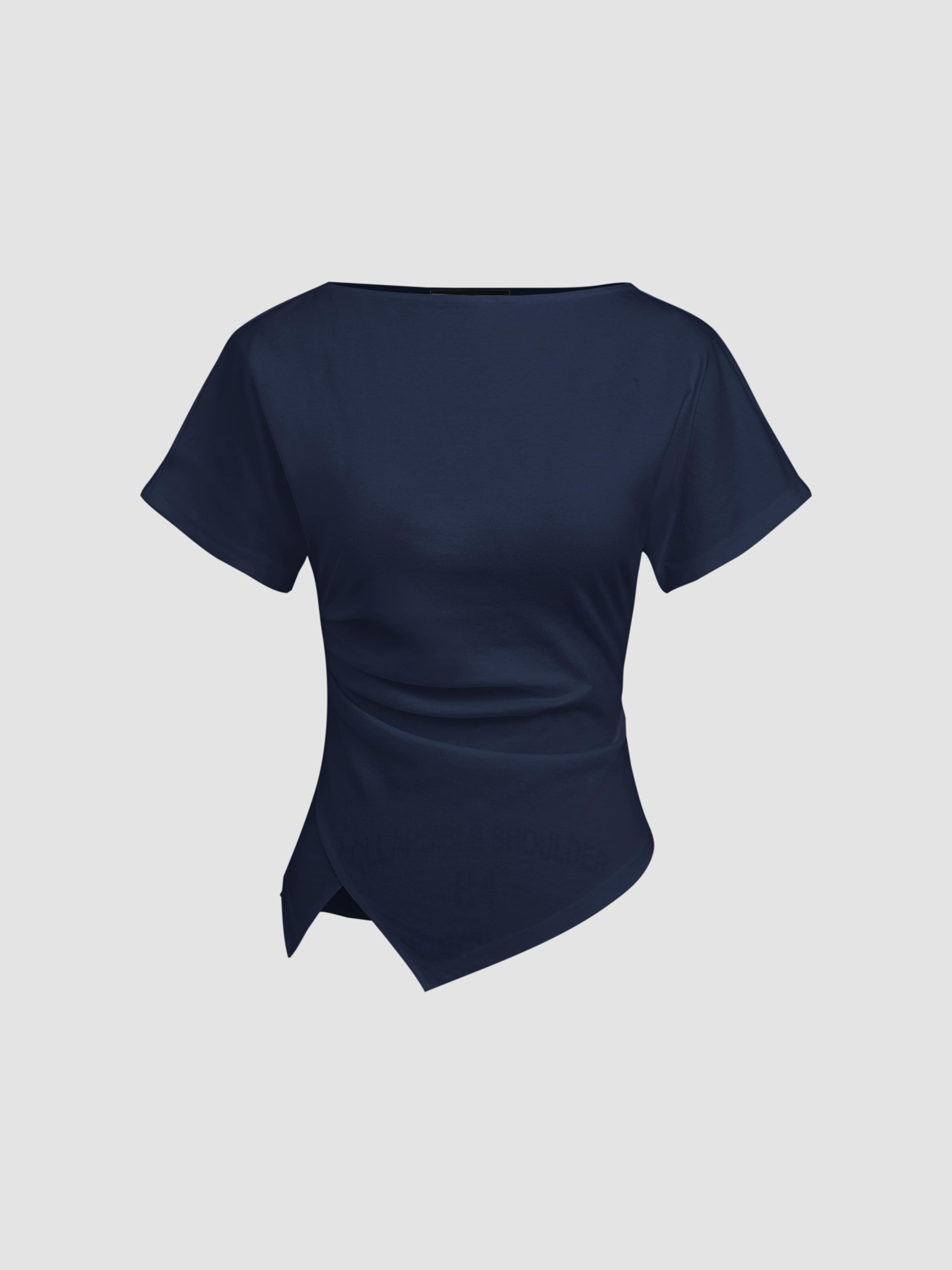 Cotton-blend Boat Neck Ruched Asymmetrical Hem Tee by CIDER