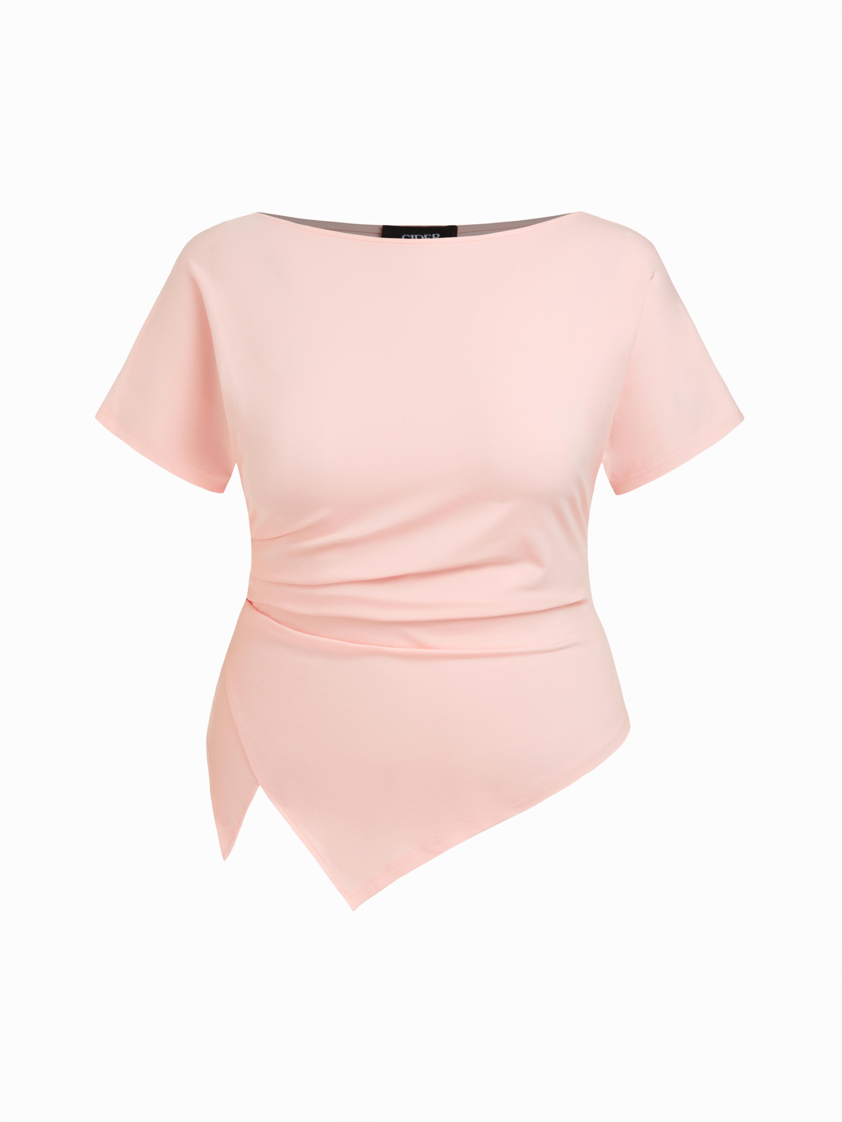 Cotton-blend Boat Neck Ruched Asymmetrical Hem Tee Curve & Plus by CIDER