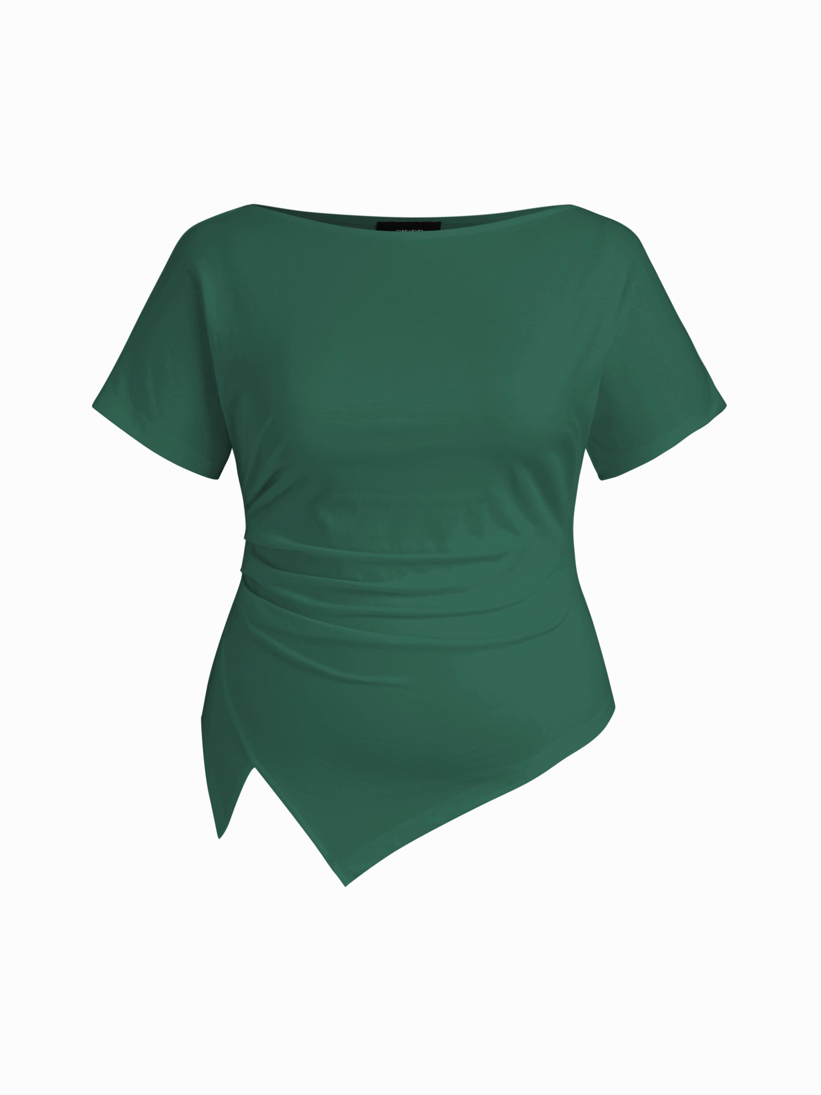 Cotton-blend Boat Neck Ruched Asymmetrical Hem Tee Curve & Plus by CIDER